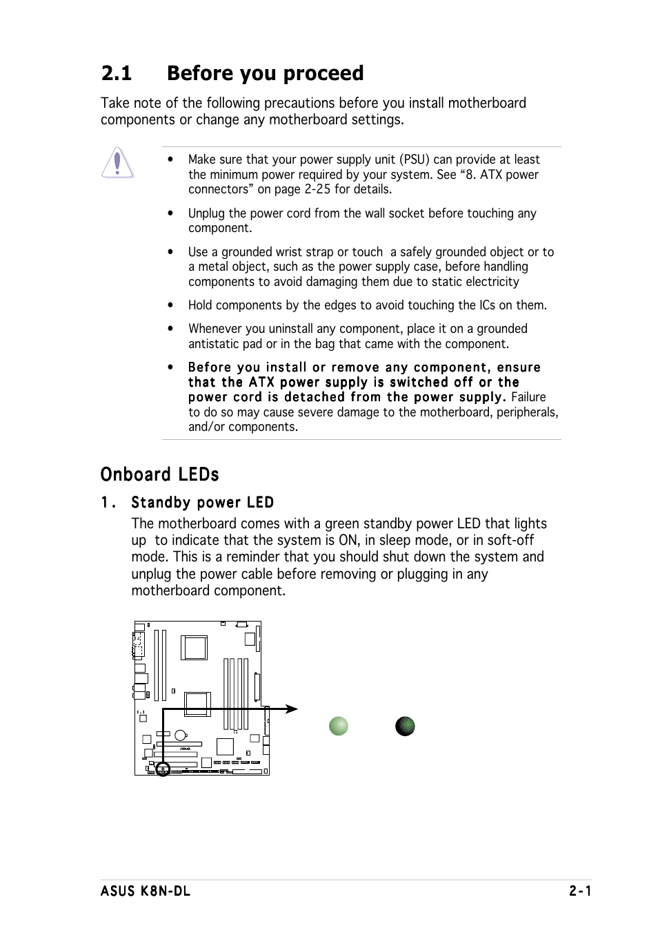 1 before you proceed, Onboard leds | Asus K8N-DL User Manual | Page 21 / 112