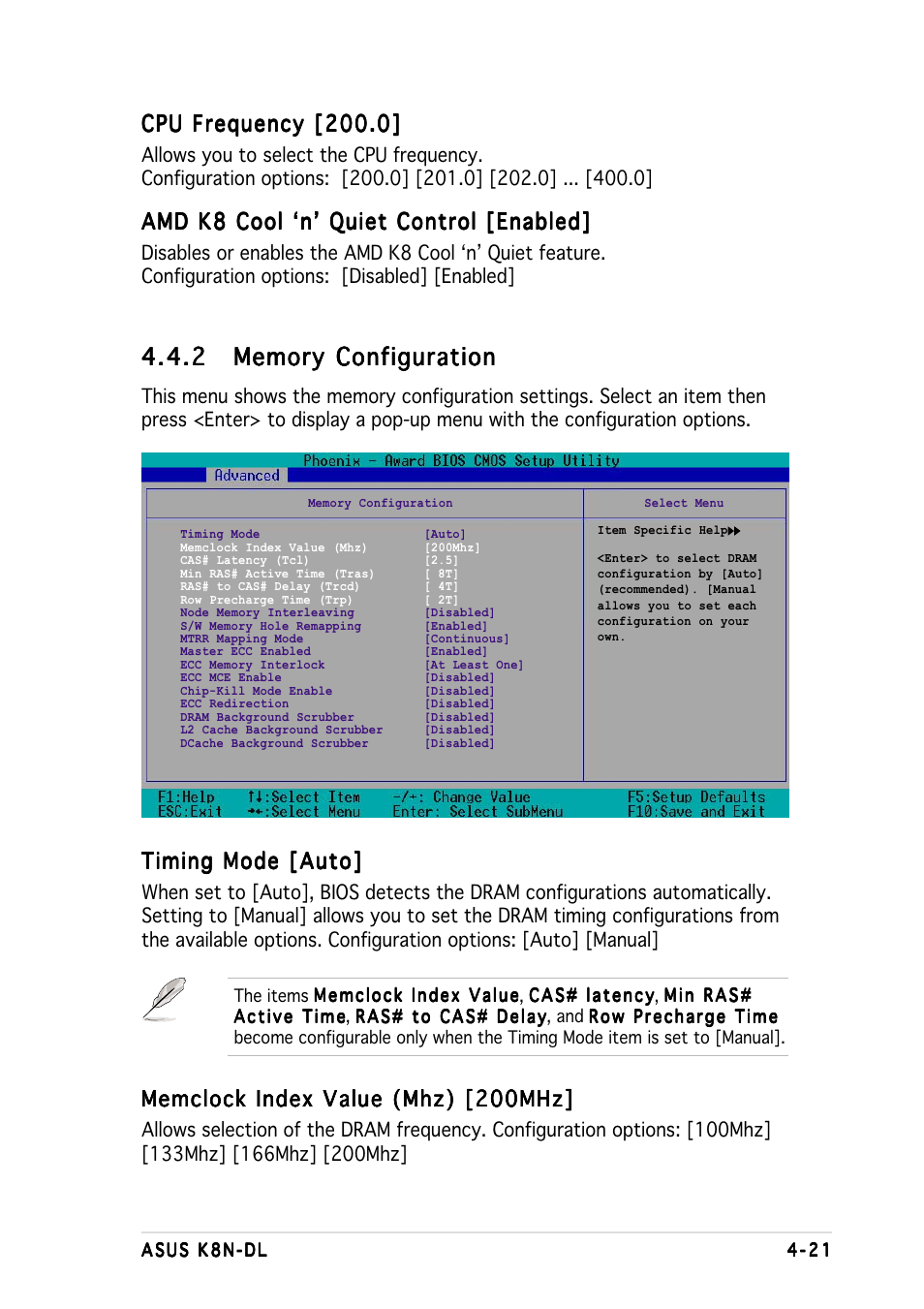 Timing mode [auto, Memclock index value (mhz) [200mhz, Cpu frequency [200.0 | Amd k8 cool ‘n’ quiet control [enabled | Asus K8N-DL User Manual | Page 83 / 112