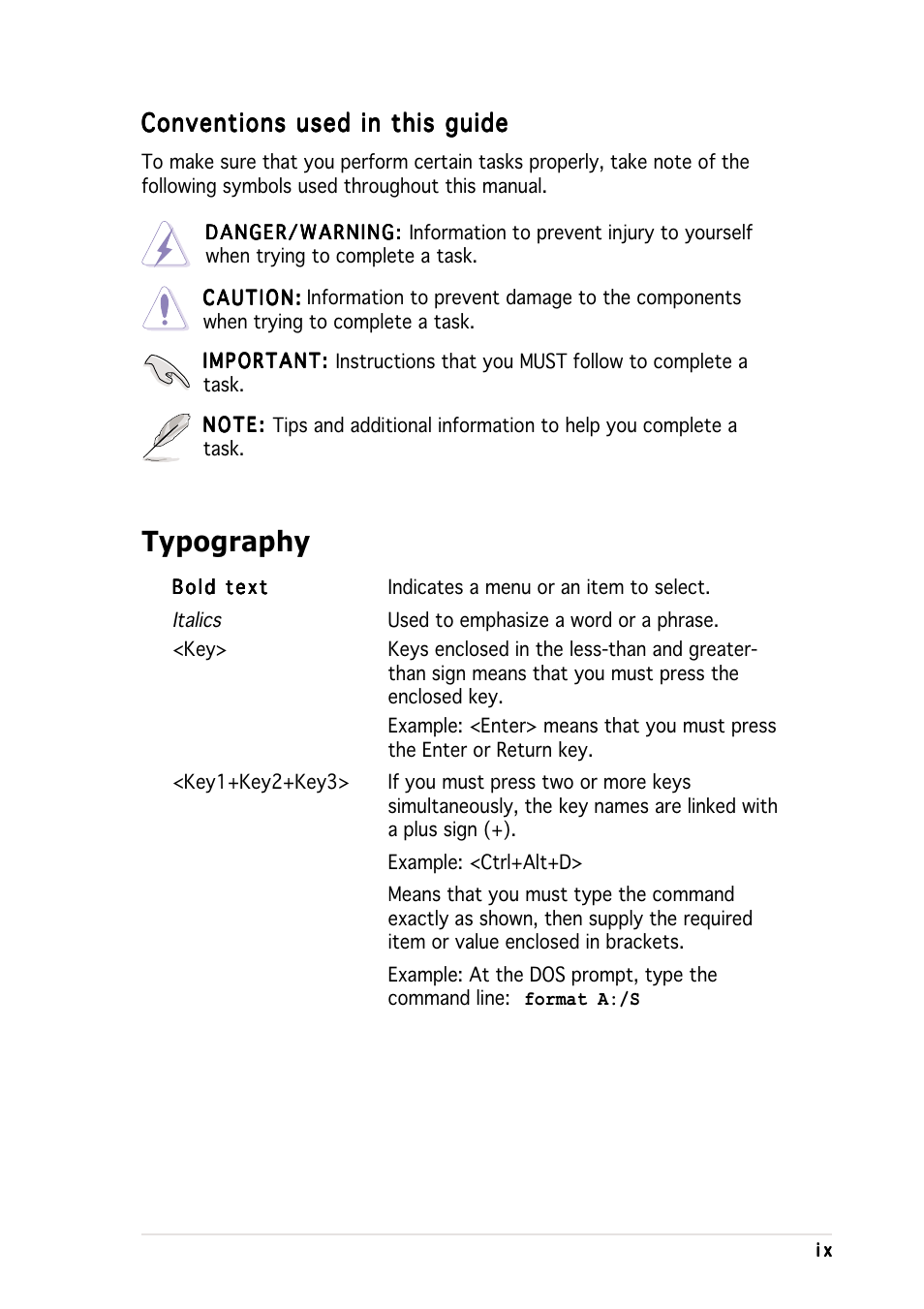 Typography, Conventions used in this guide | Asus K8N-DL User Manual | Page 9 / 112