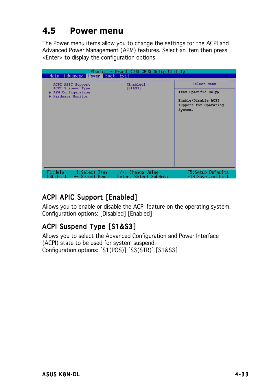 5 power menu, Acpi apic support [enabled, Acpi suspend type [s1&s3 | Asus K8N-DL User Manual | Page 95 / 112