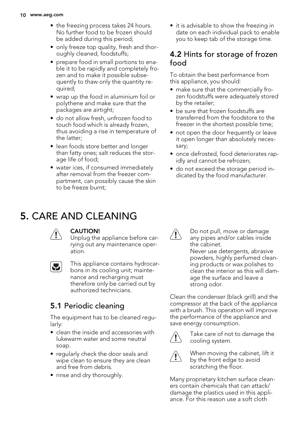 Care and cleaning, 2 hints for storage of frozen food, 1 periodic cleaning | AEG A82700GNX0 User Manual | Page 10 / 60