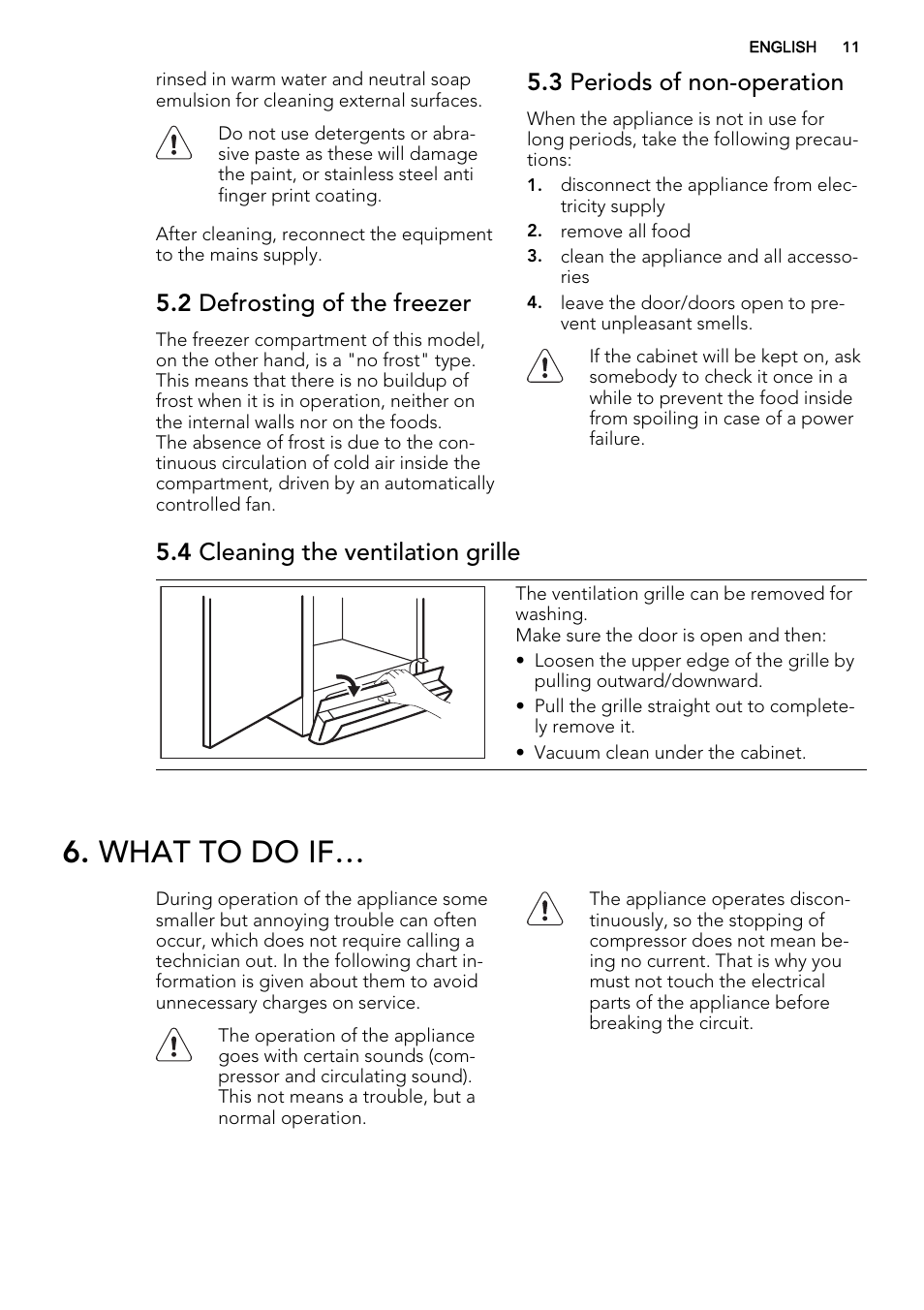 What to do if, 2 defrosting of the freezer, 3 periods of non-operation | 4 cleaning the ventilation grille | AEG A82700GNX0 User Manual | Page 11 / 60