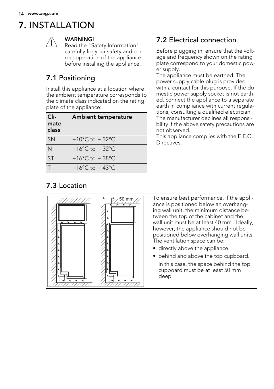 Installation, 1 positioning, 2 electrical connection | 3 location | AEG A82700GNX0 User Manual | Page 14 / 60