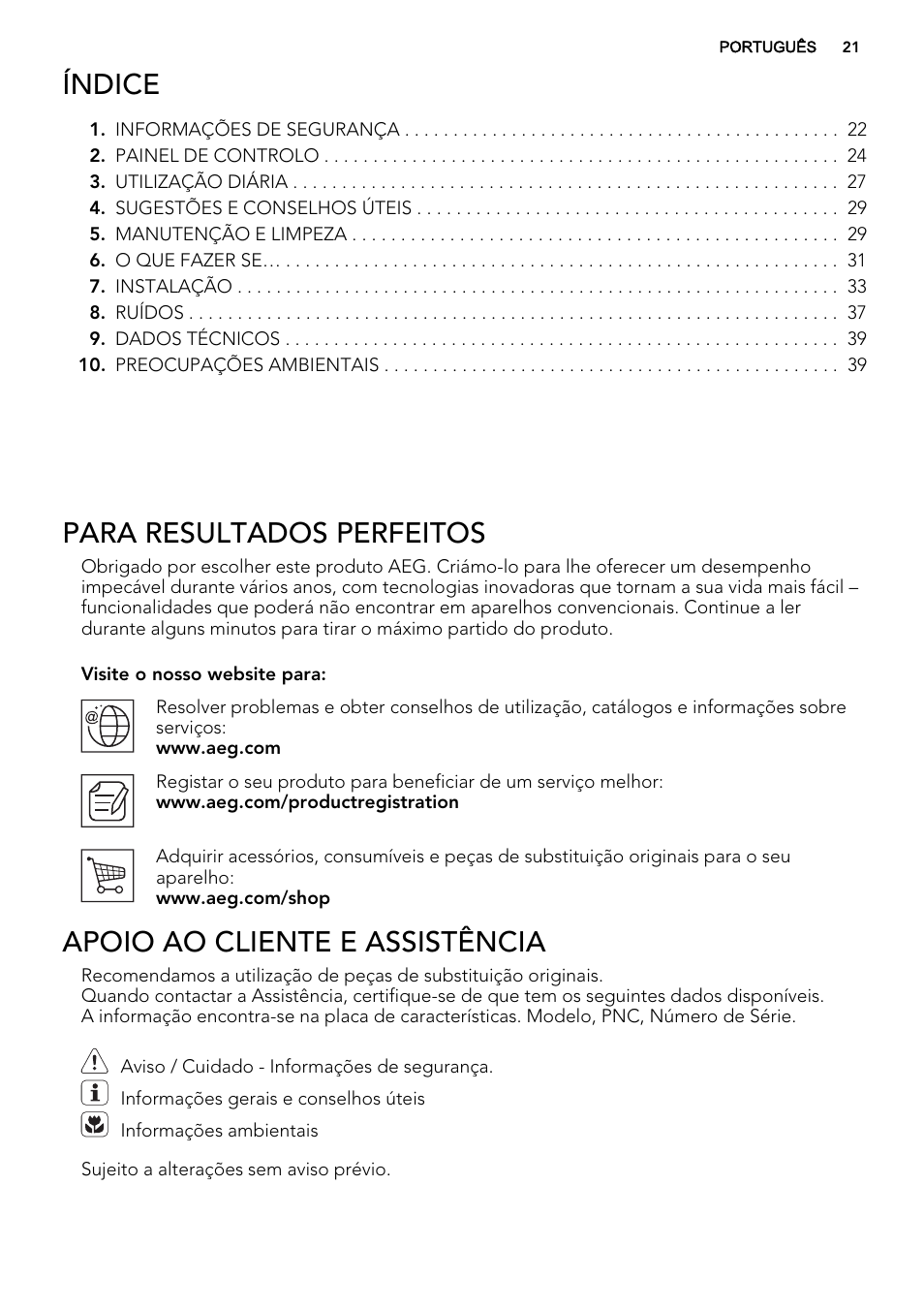 Índice, Para resultados perfeitos, Apoio ao cliente e assistência | AEG A82700GNX0 User Manual | Page 21 / 60