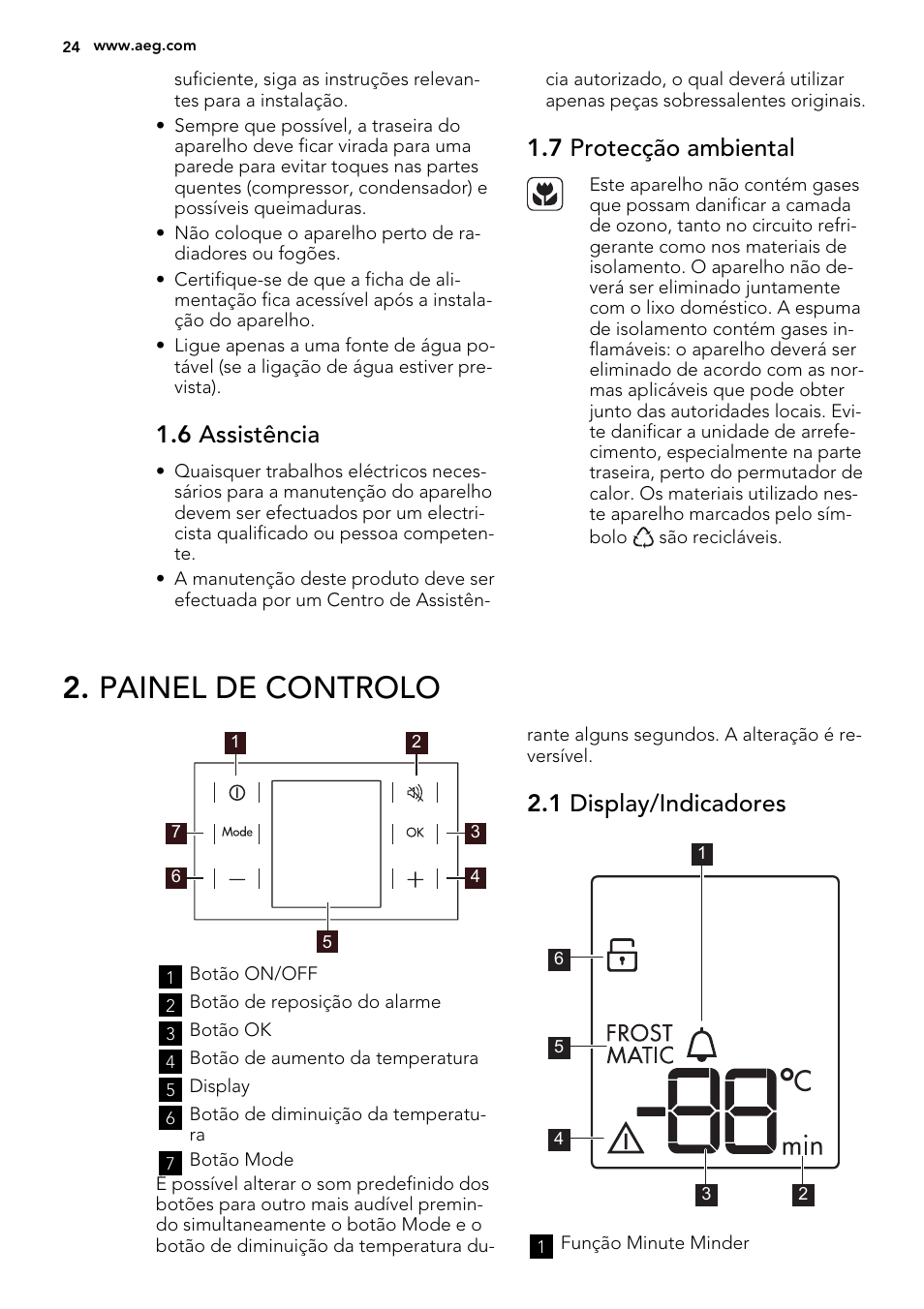 Painel de controlo, 6 assistência, 7 protecção ambiental | 1 display/indicadores | AEG A82700GNX0 User Manual | Page 24 / 60