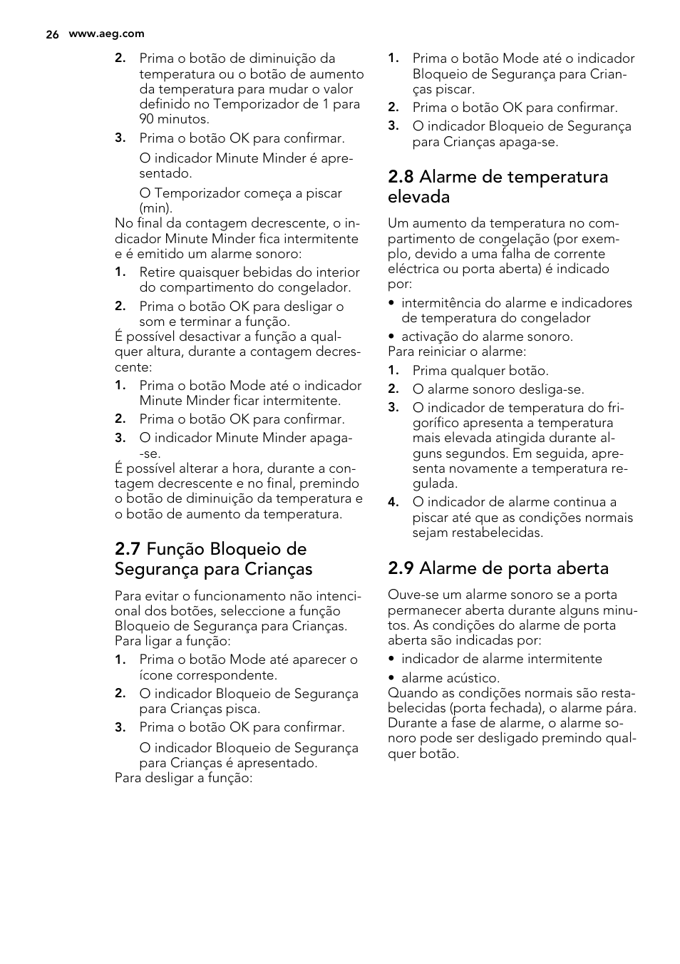 7 função bloqueio de segurança para crianças, 8 alarme de temperatura elevada, 9 alarme de porta aberta | AEG A82700GNX0 User Manual | Page 26 / 60