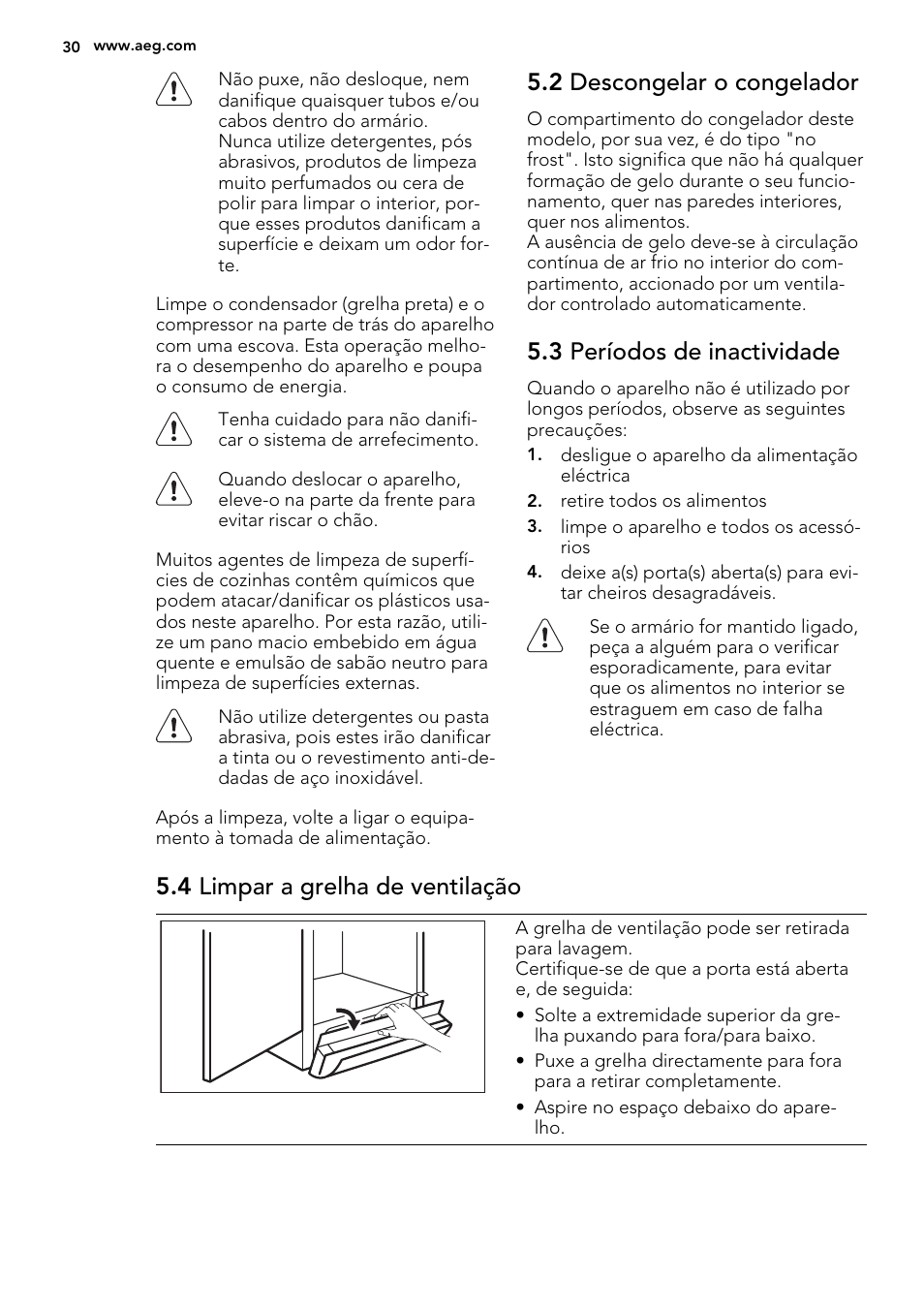 2 descongelar o congelador, 3 períodos de inactividade, 4 limpar a grelha de ventilação | AEG A82700GNX0 User Manual | Page 30 / 60