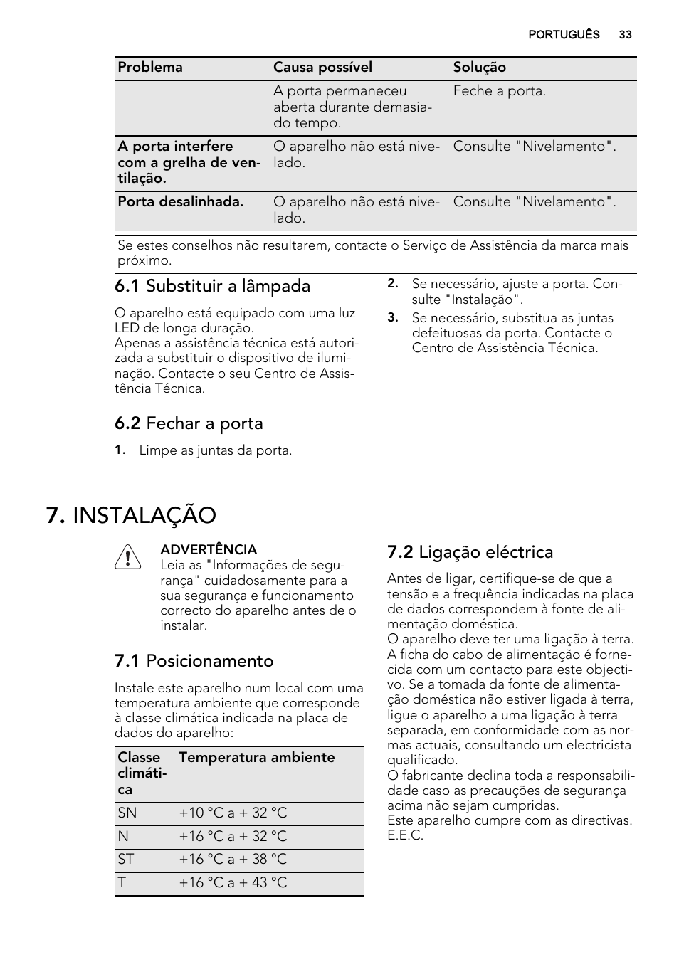 Instalação, 1 substituir a lâmpada, 2 fechar a porta | 1 posicionamento, 2 ligação eléctrica | AEG A82700GNX0 User Manual | Page 33 / 60