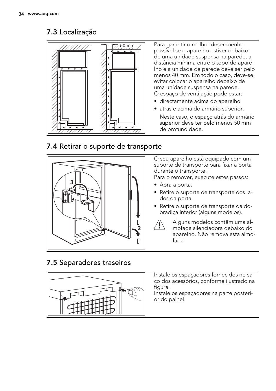 3 localização, 4 retirar o suporte de transporte, 5 separadores traseiros | AEG A82700GNX0 User Manual | Page 34 / 60