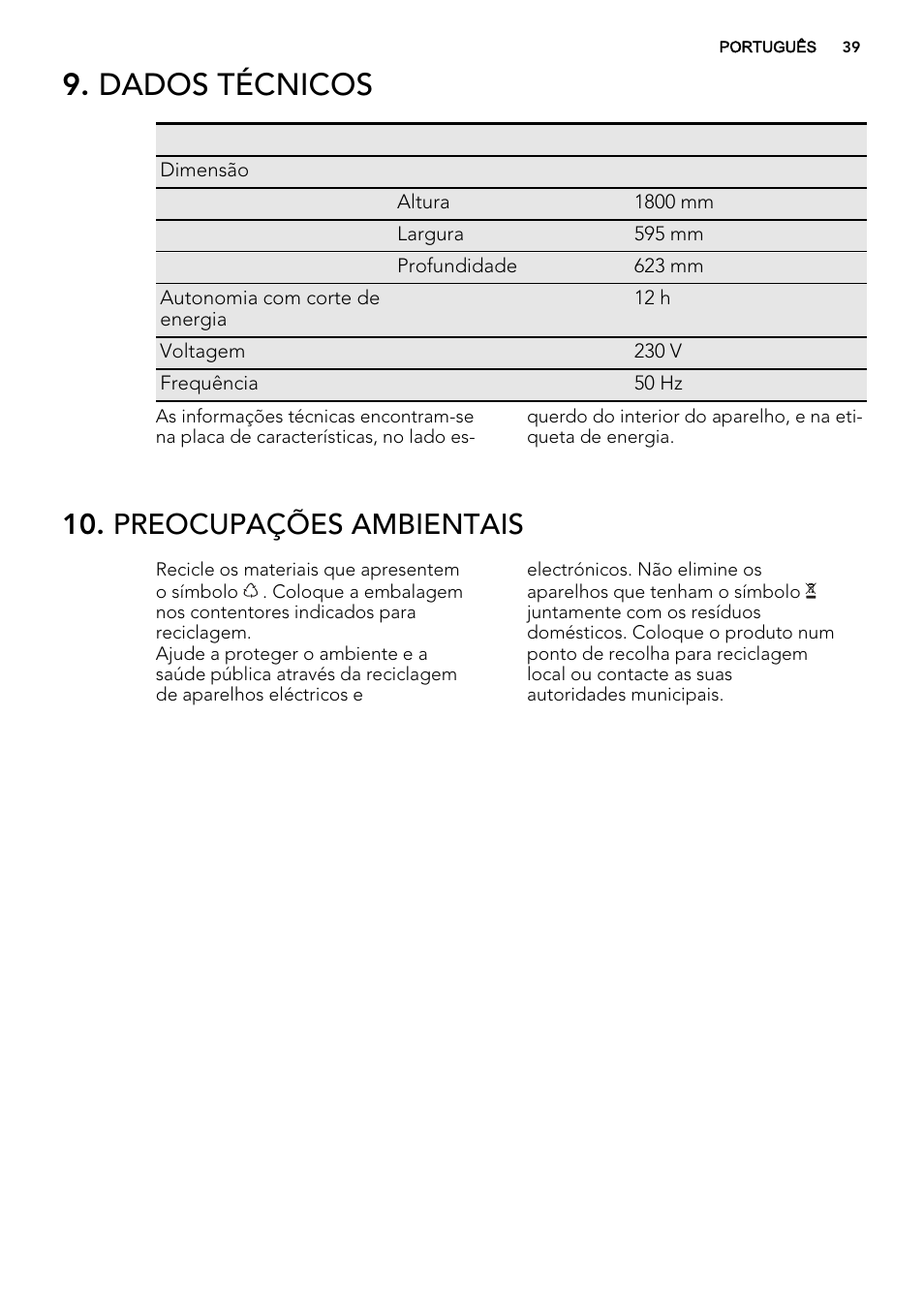 Dados técnicos, Preocupações ambientais | AEG A82700GNX0 User Manual | Page 39 / 60