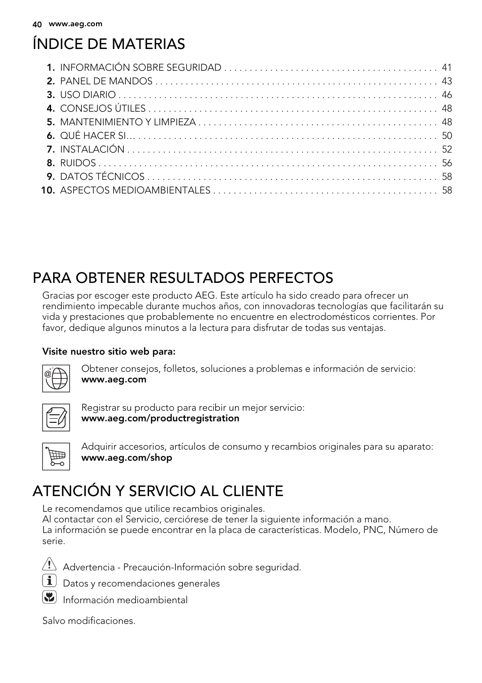 Índice de materias, Para obtener resultados perfectos, Atención y servicio al cliente | AEG A82700GNX0 User Manual | Page 40 / 60