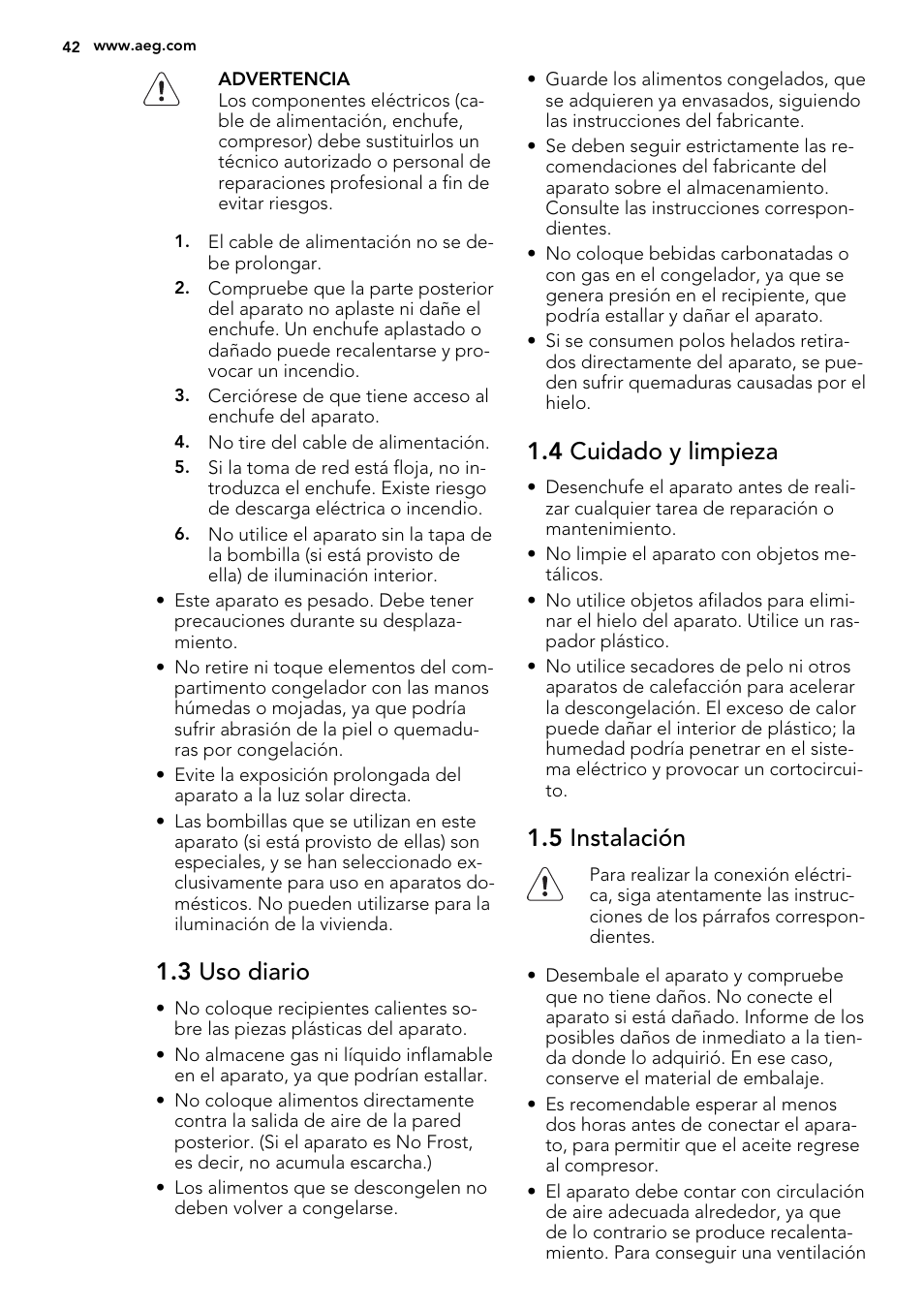 3 uso diario, 4 cuidado y limpieza, 5 instalación | AEG A82700GNX0 User Manual | Page 42 / 60