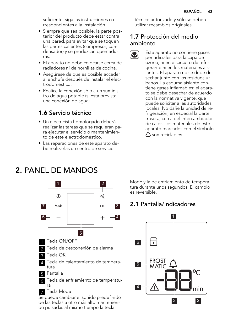 Panel de mandos, 6 servicio técnico, 7 protección del medio ambiente | 1 pantalla/indicadores | AEG A82700GNX0 User Manual | Page 43 / 60