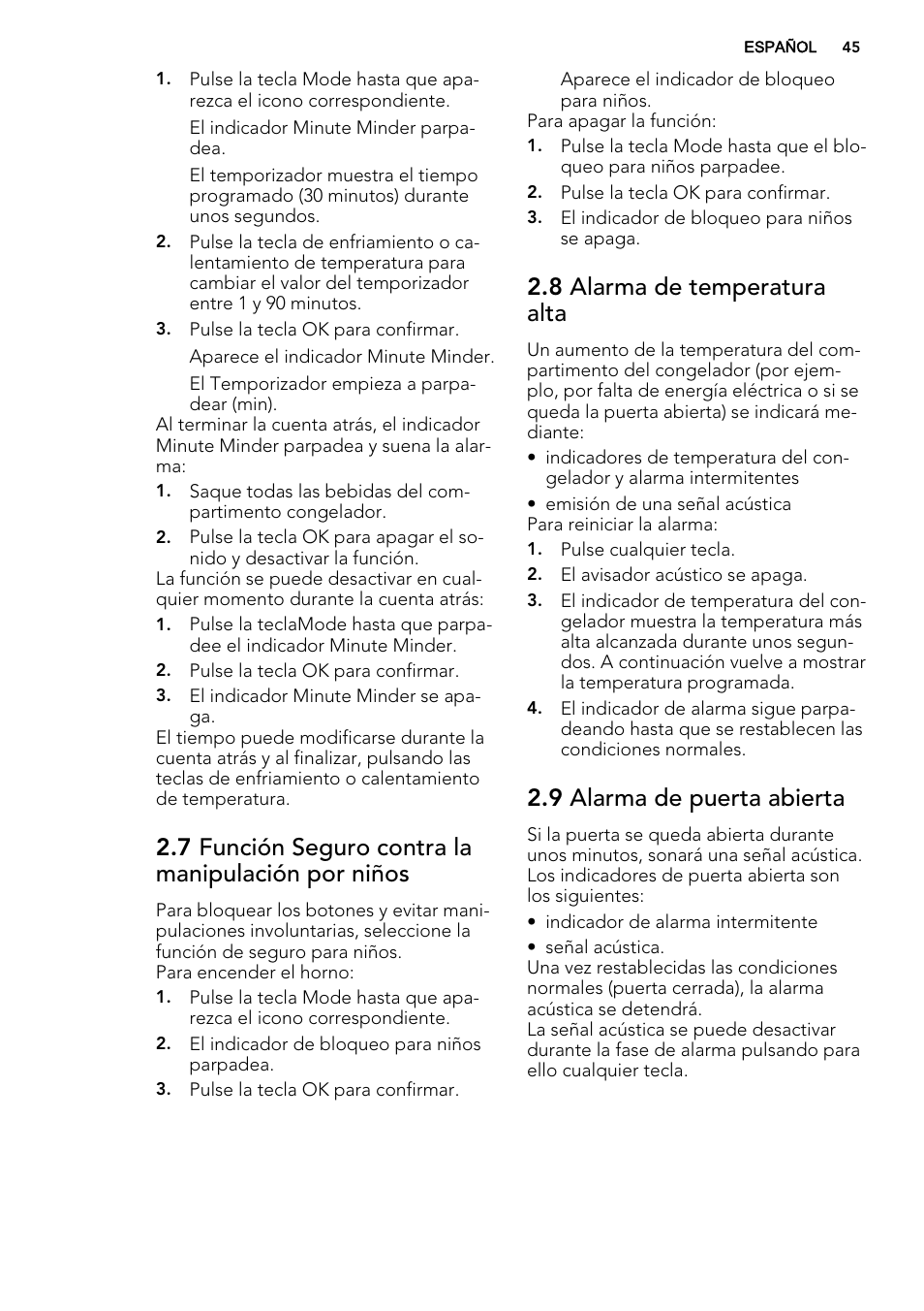 7 función seguro contra la manipulación por niños, 8 alarma de temperatura alta, 9 alarma de puerta abierta | AEG A82700GNX0 User Manual | Page 45 / 60