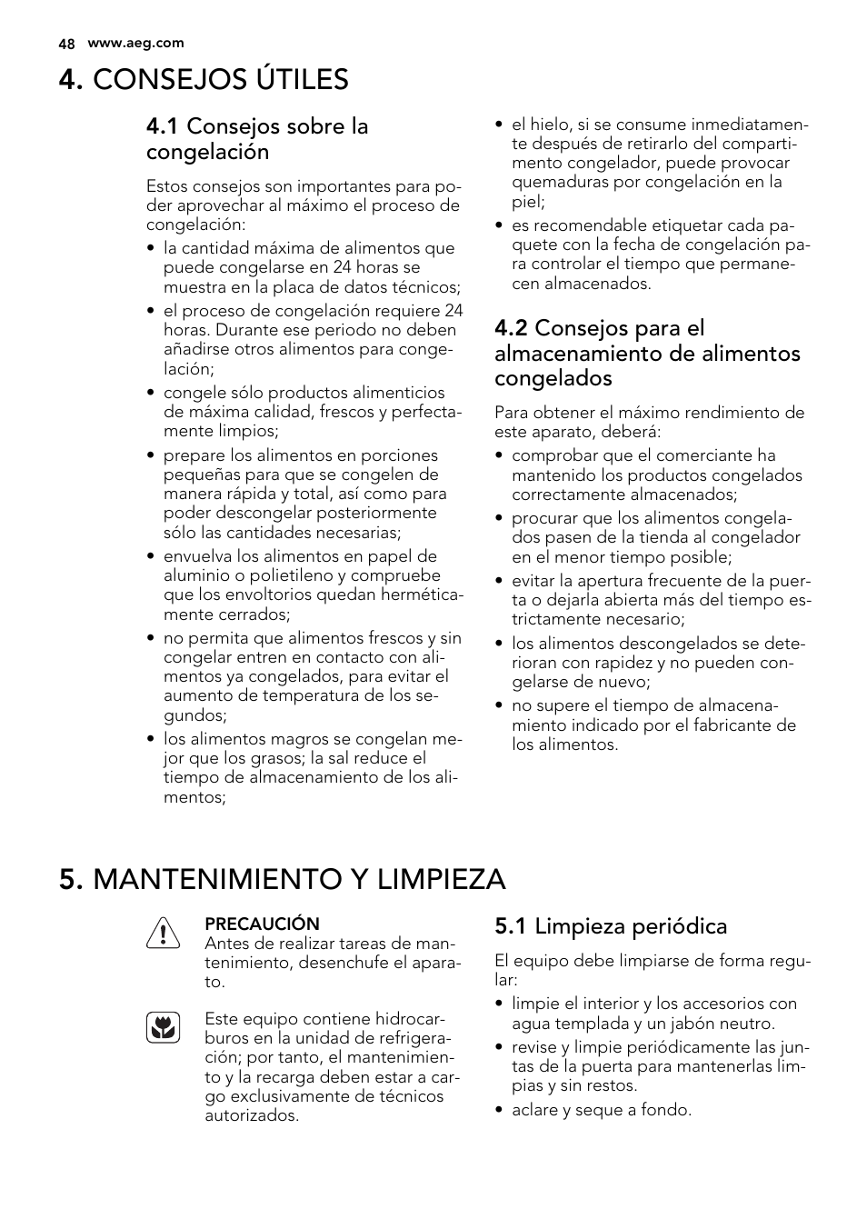 Consejos útiles, Mantenimiento y limpieza, 1 consejos sobre la congelación | 1 limpieza periódica | AEG A82700GNX0 User Manual | Page 48 / 60