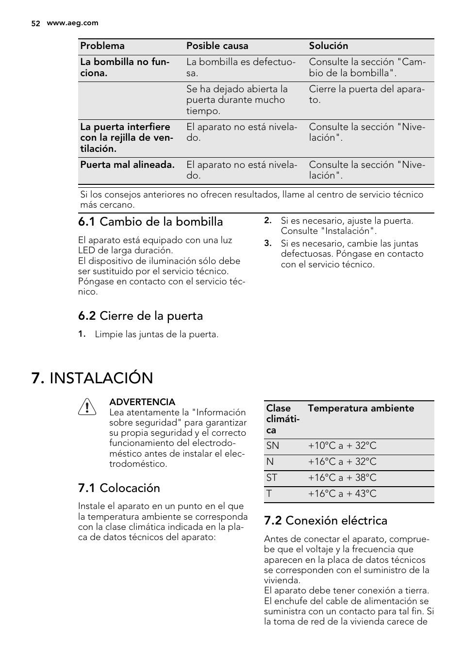 Instalación, 1 cambio de la bombilla, 2 cierre de la puerta | 1 colocación, 2 conexión eléctrica | AEG A82700GNX0 User Manual | Page 52 / 60