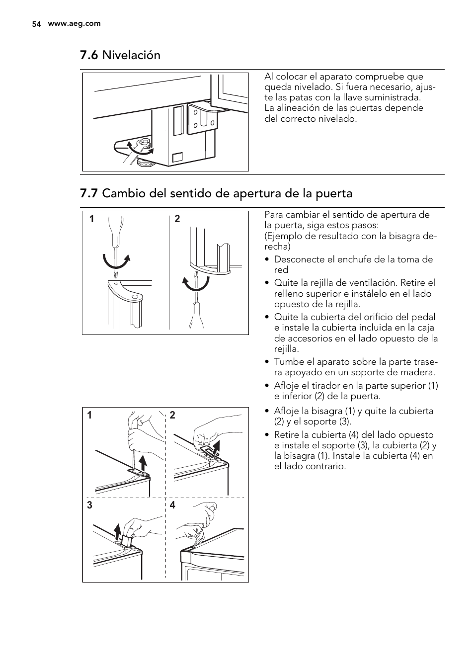 6 nivelación, 7 cambio del sentido de apertura de la puerta | AEG A82700GNX0 User Manual | Page 54 / 60