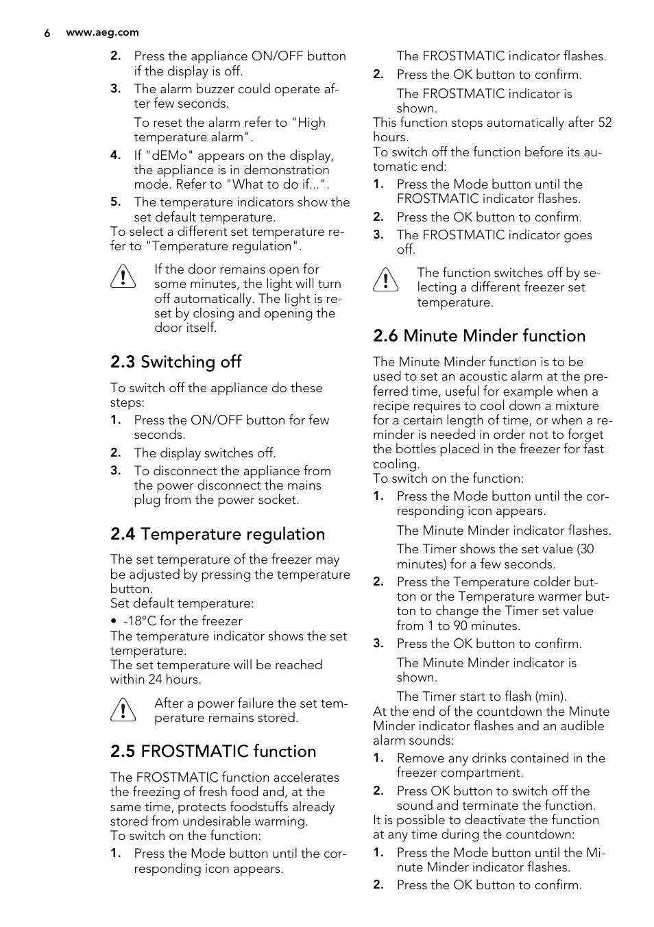 3 switching off, 4 temperature regulation, 5 frostmatic function | 6 minute minder function | AEG A82700GNX0 User Manual | Page 6 / 60