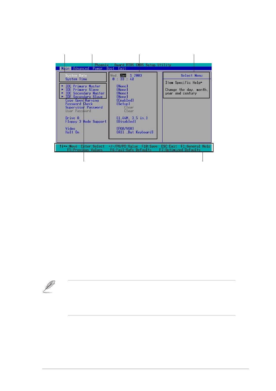 2 menu bar, 1 bios menu screen | Asus P4GE-MX User Manual | Page 41 / 62