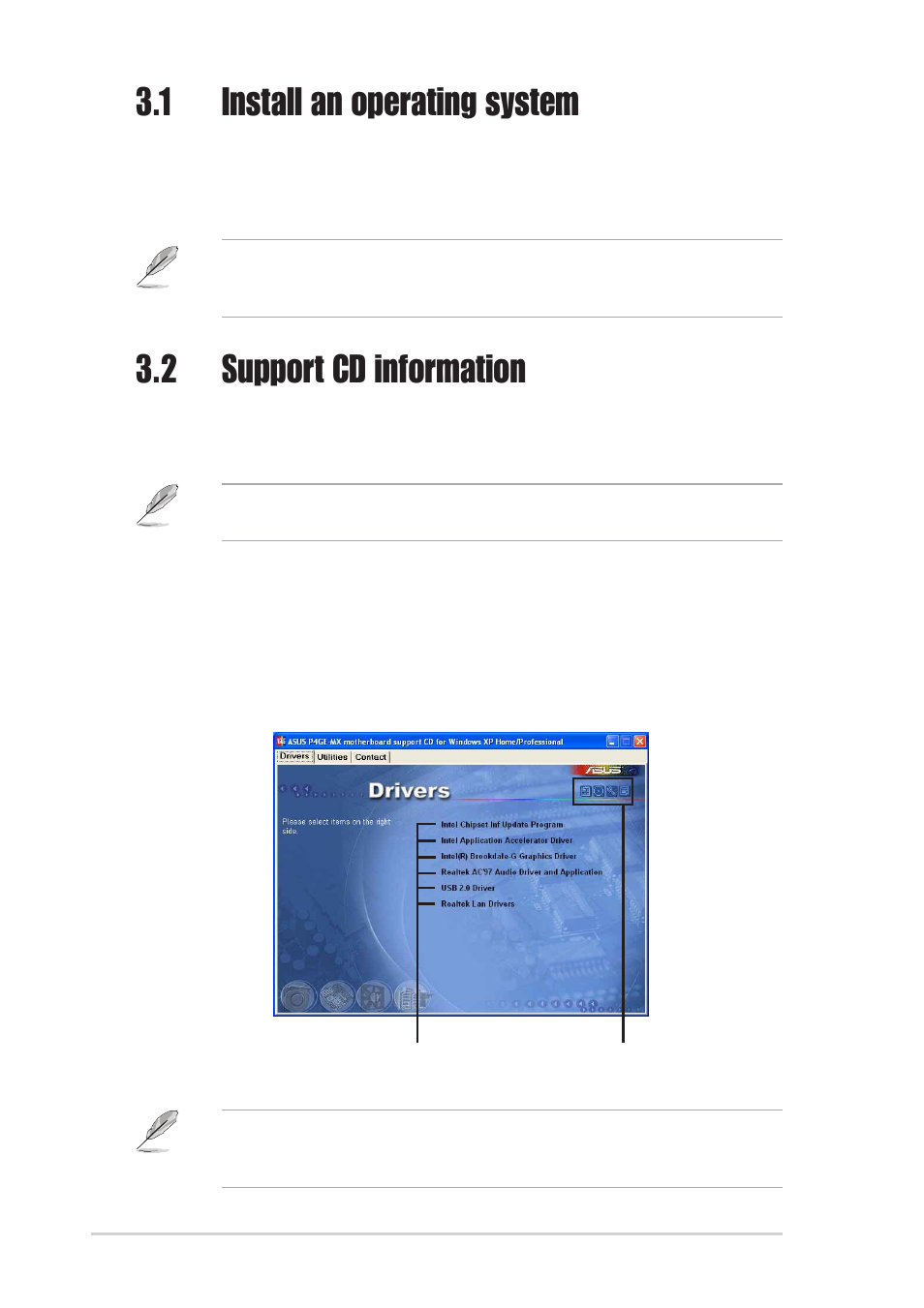 1 install an operating system, 2 support cd information, 1 running the support cd | Asus P4GE-MX User Manual | Page 58 / 62