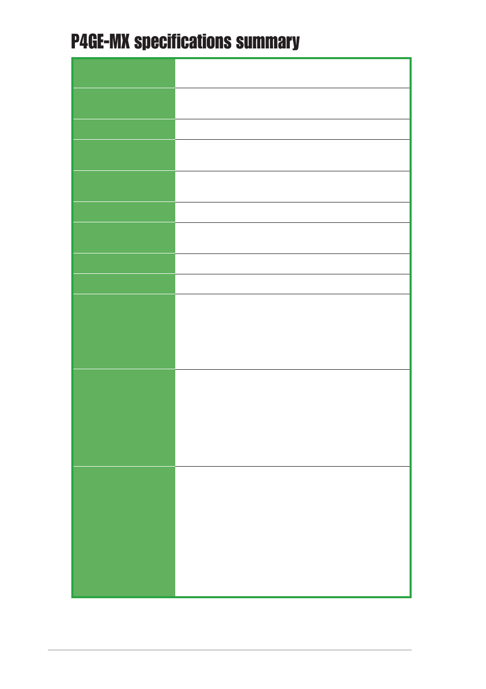 P4ge-mx specifications summary, Viii | Asus P4GE-MX User Manual | Page 8 / 62