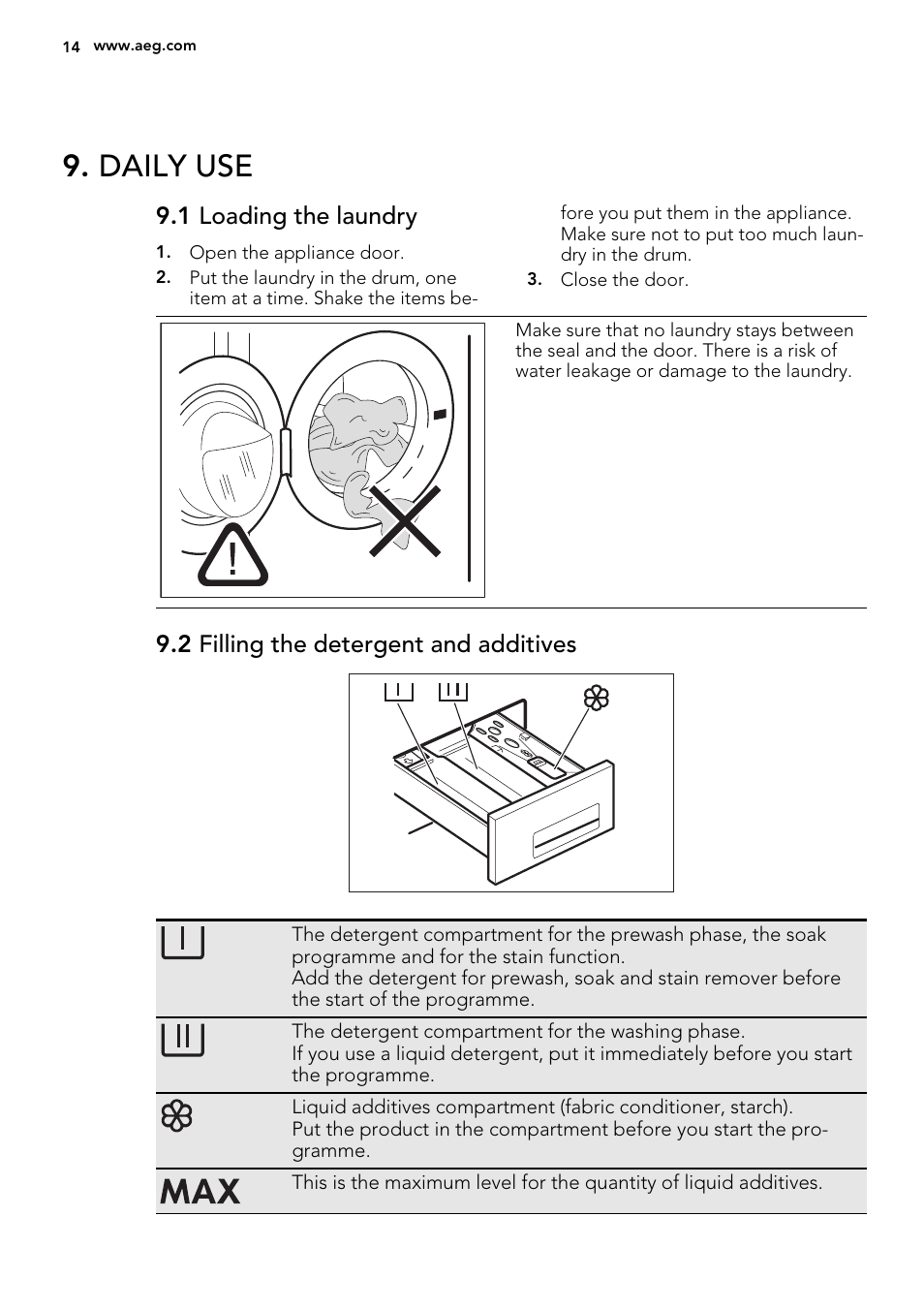 Daily use, 1 loading the laundry, 2 filling the detergent and additives | AEG L61270BI User Manual | Page 14 / 72