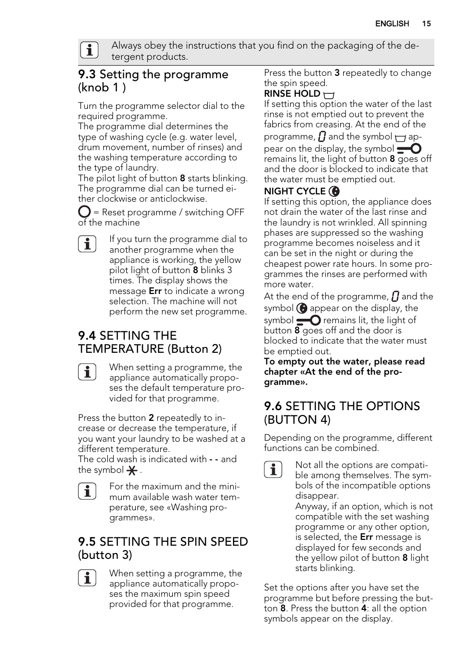 3 setting the programme (knob 1 ), 4 setting the temperature (button 2), 5 setting the spin speed (button 3) | 6 setting the options (button 4) | AEG L61270BI User Manual | Page 15 / 72