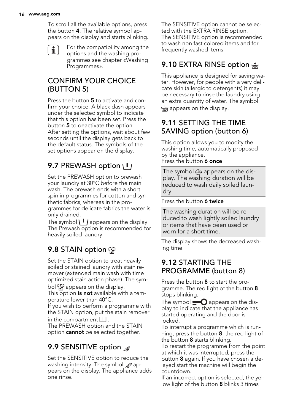 Confirm your choice (button 5), 7 prewash option, 8 stain option | 9 sensitive option, 10 extra rinse option, 11 setting the time saving option (button 6), 12 starting the programme (button 8) | AEG L61270BI User Manual | Page 16 / 72