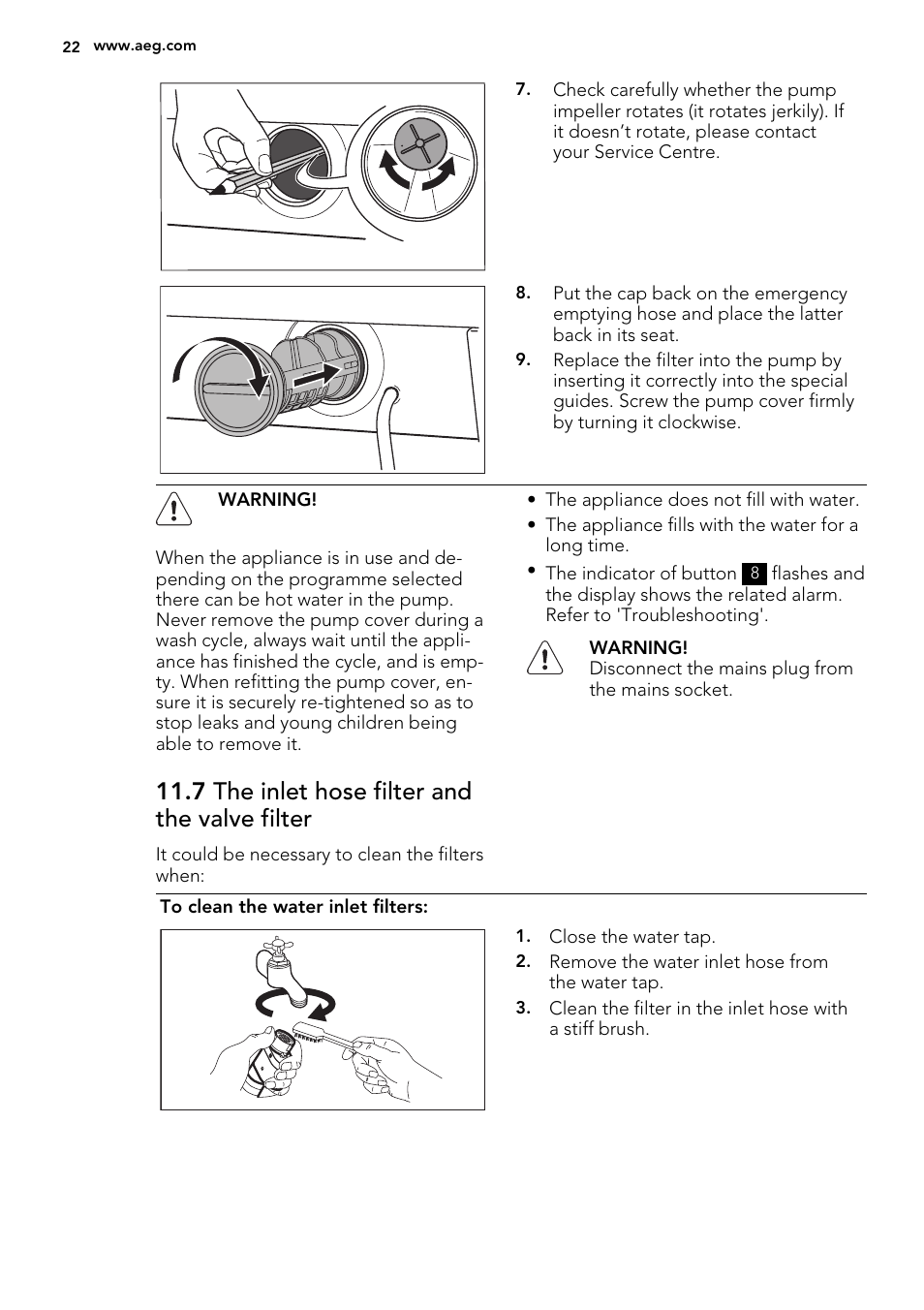 7 the inlet hose filter and the valve filter | AEG L61270BI User Manual | Page 22 / 72