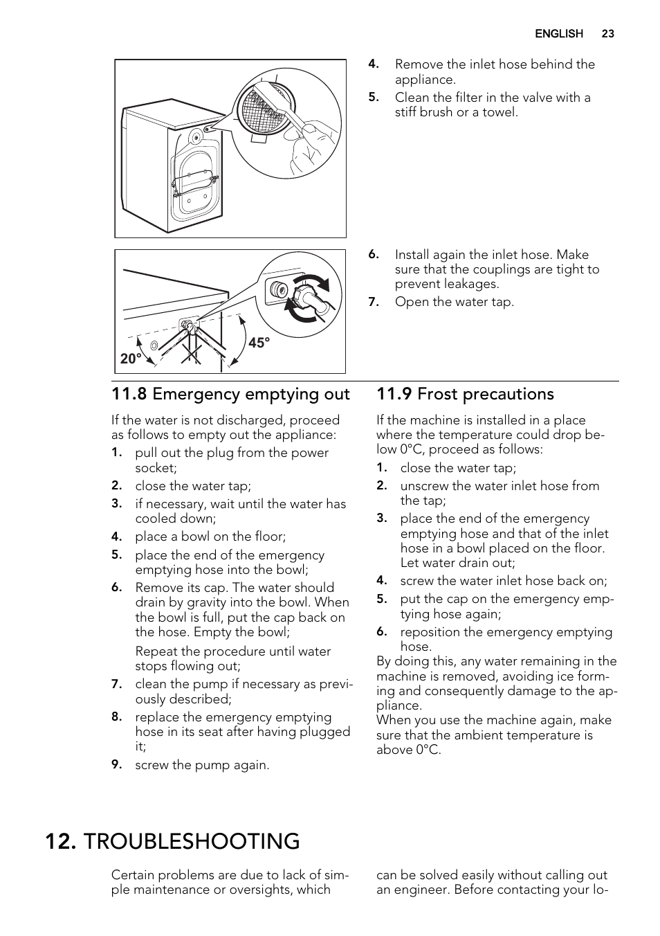 Troubleshooting, 8 emergency emptying out, 9 frost precautions | AEG L61270BI User Manual | Page 23 / 72