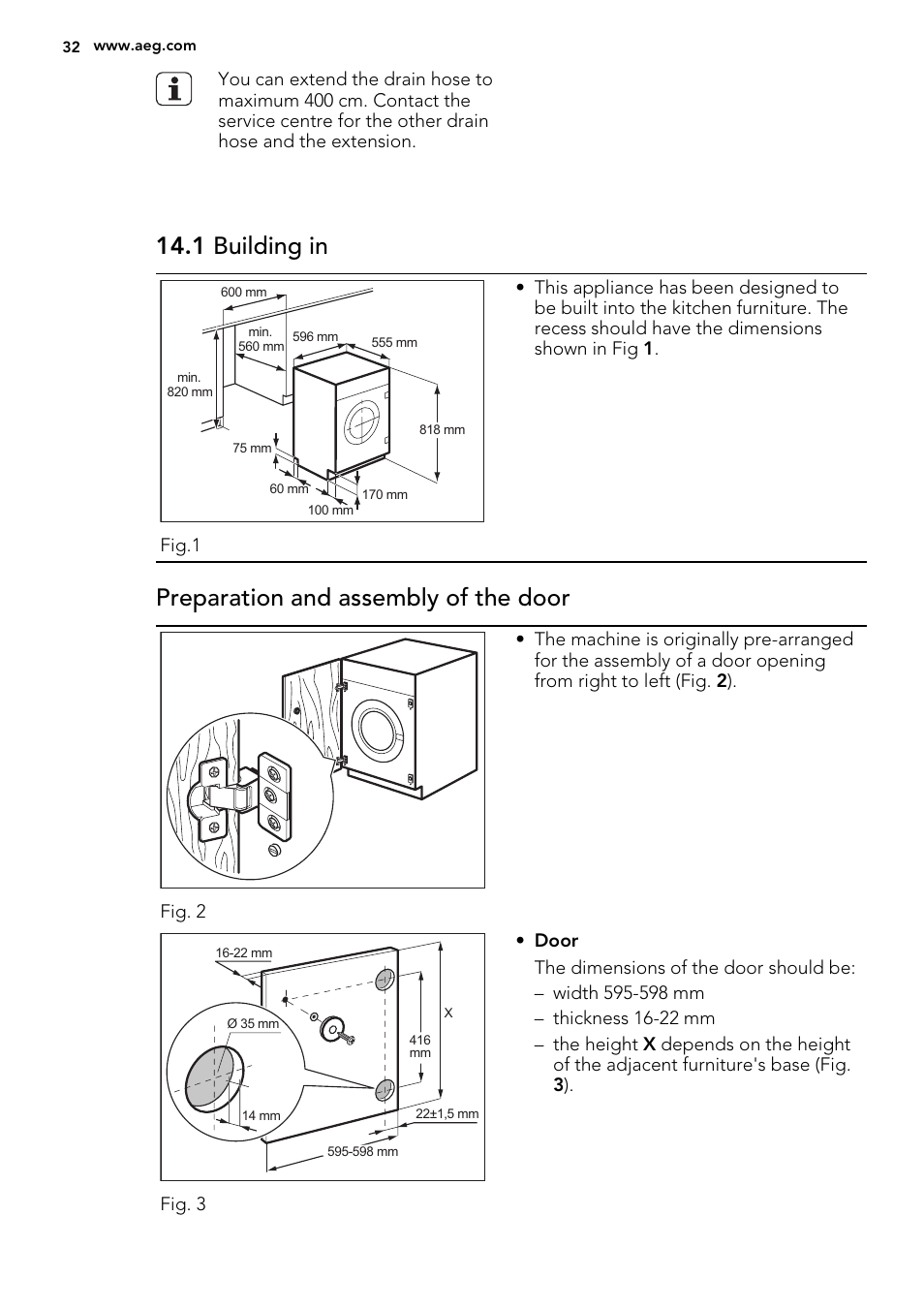 1 building in, Preparation and assembly of the door | AEG L61270BI User Manual | Page 32 / 72