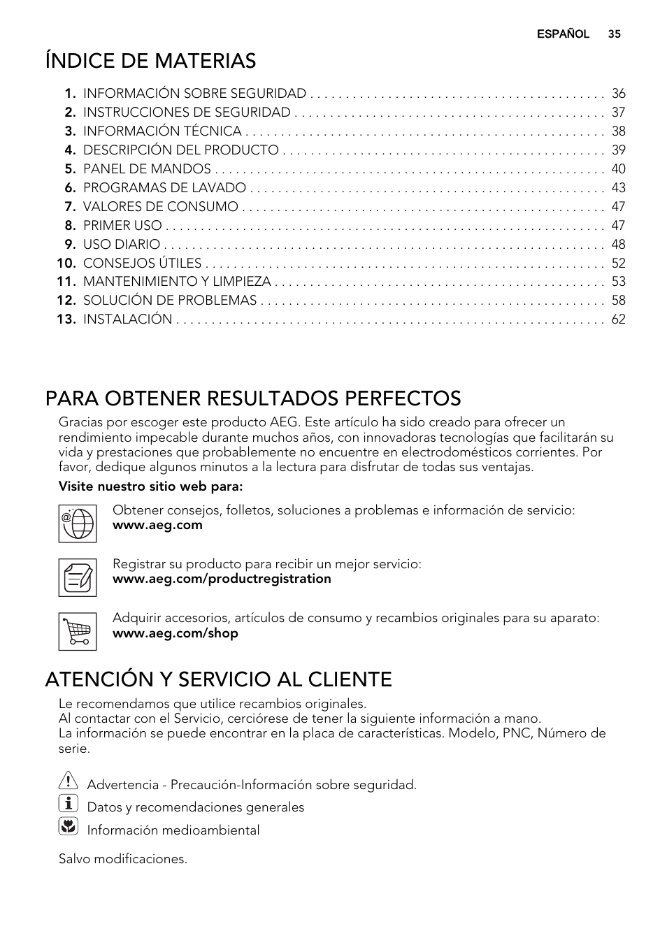 Índice de materias, Para obtener resultados perfectos, Atención y servicio al cliente | AEG L61270BI User Manual | Page 35 / 72
