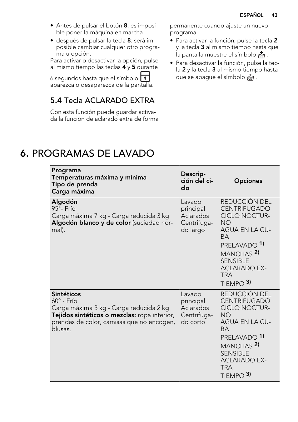 Programas de lavado, 4 tecla aclarado extra | AEG L61270BI User Manual | Page 43 / 72