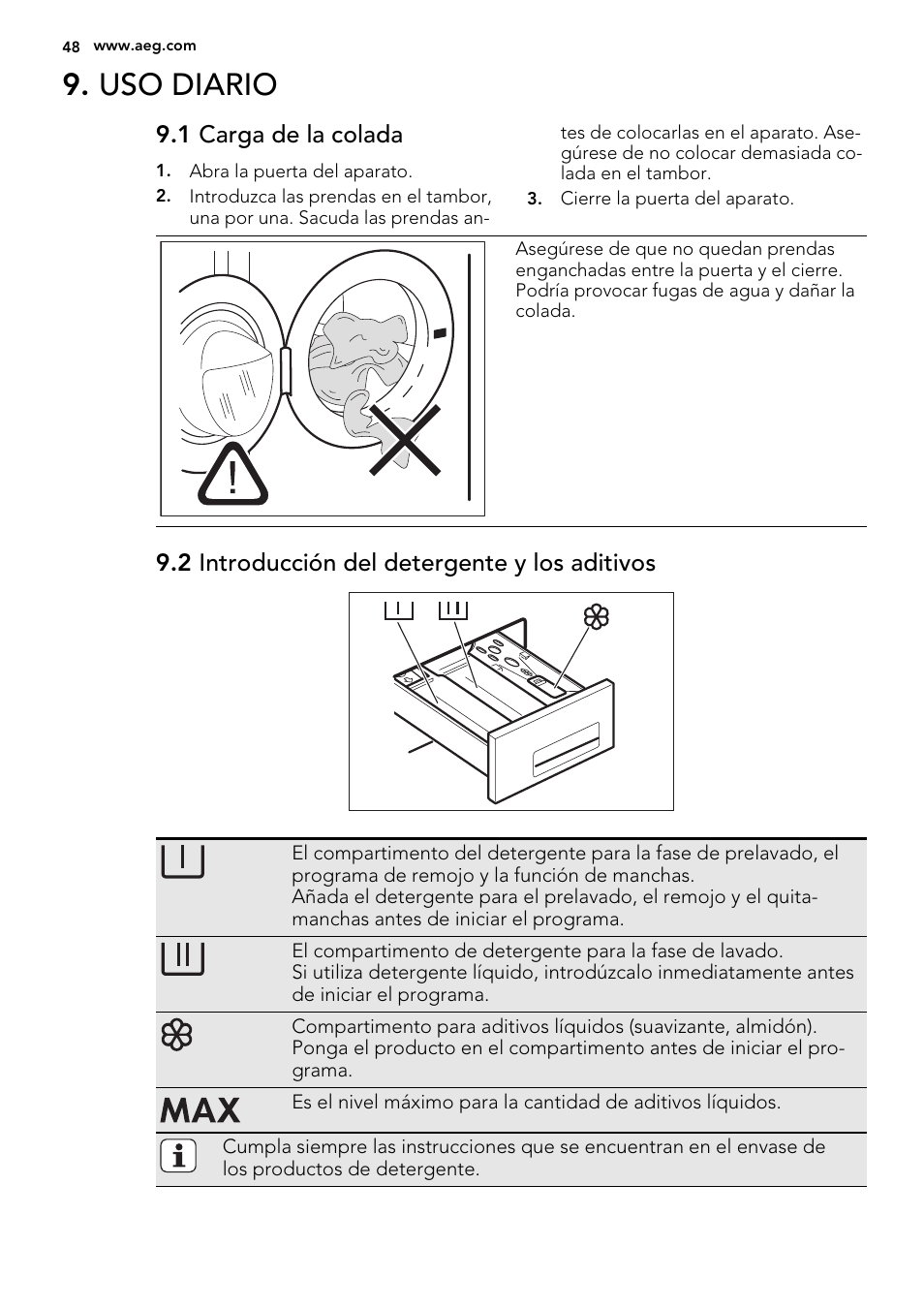 Uso diario, 1 carga de la colada, 2 introducción del detergente y los aditivos | AEG L61270BI User Manual | Page 48 / 72