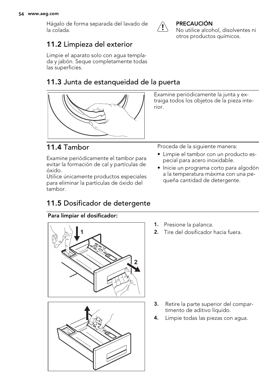 2 limpieza del exterior, 3 junta de estanqueidad de la puerta, 4 tambor | 5 dosificador de detergente | AEG L61270BI User Manual | Page 54 / 72