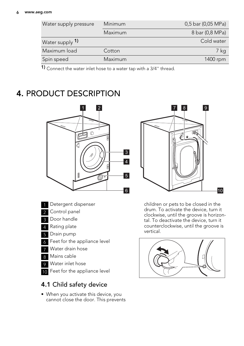 Product description, 1 child safety device | AEG L61270BI User Manual | Page 6 / 72