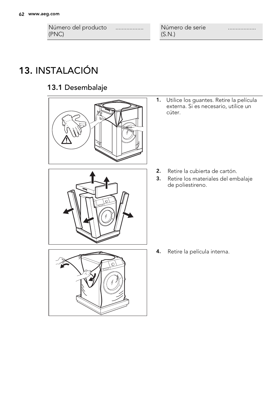 Instalación, 1 desembalaje | AEG L61270BI User Manual | Page 62 / 72