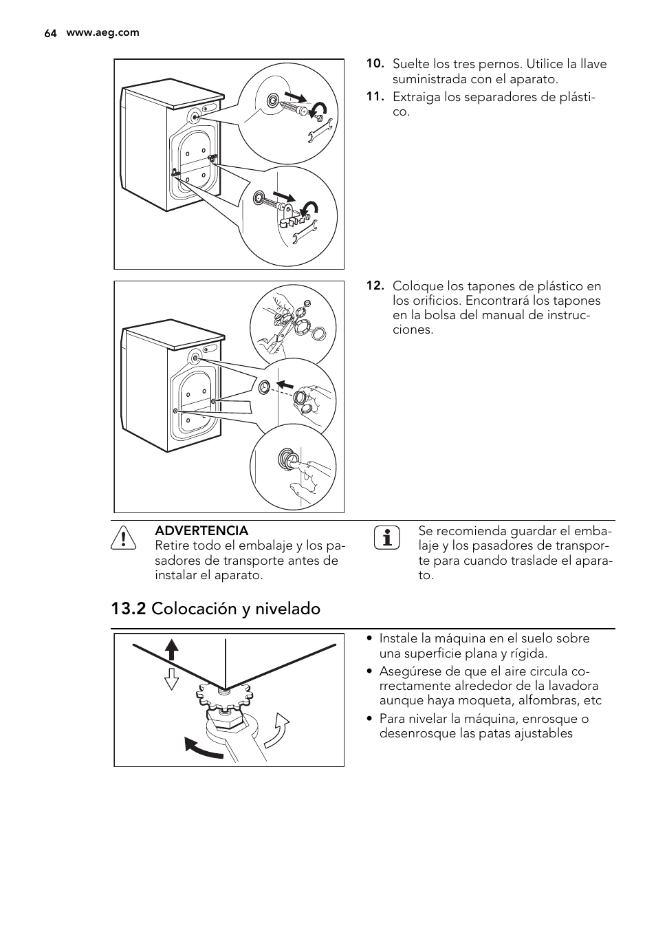 2 colocación y nivelado | AEG L61270BI User Manual | Page 64 / 72