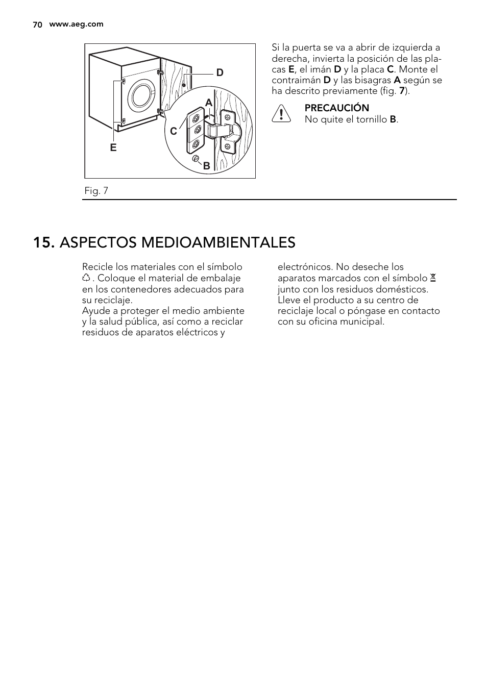Aspectos medioambientales | AEG L61270BI User Manual | Page 70 / 72