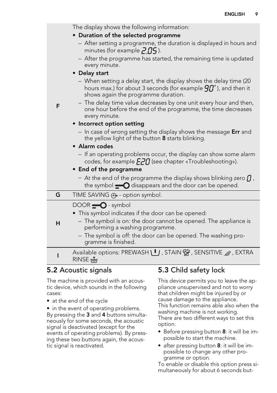2 acoustic signals, 3 child safety lock | AEG L61270BI User Manual | Page 9 / 72