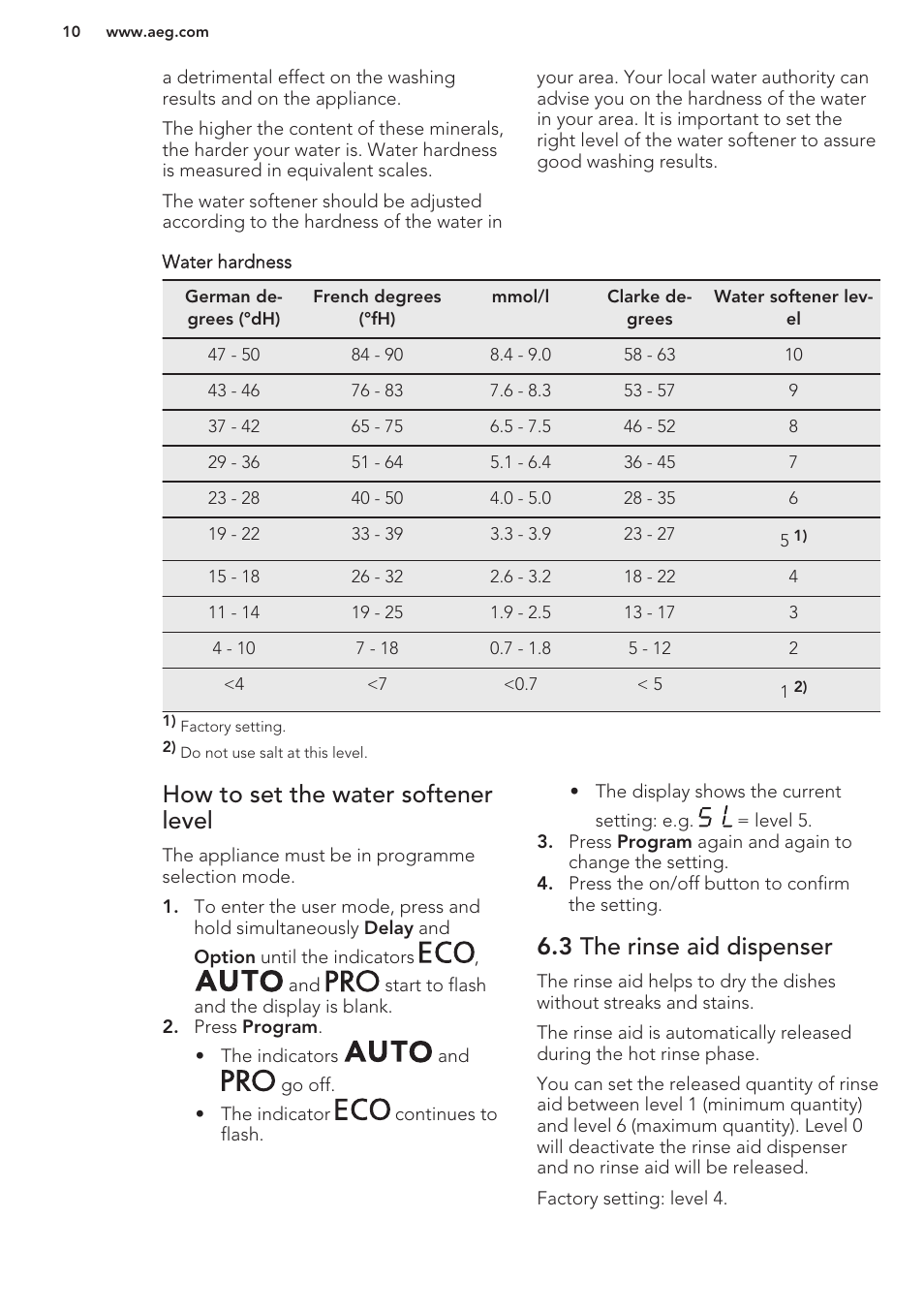 How to set the water softener level, 3 the rinse aid dispenser | AEG F88070VI1P User Manual | Page 10 / 64