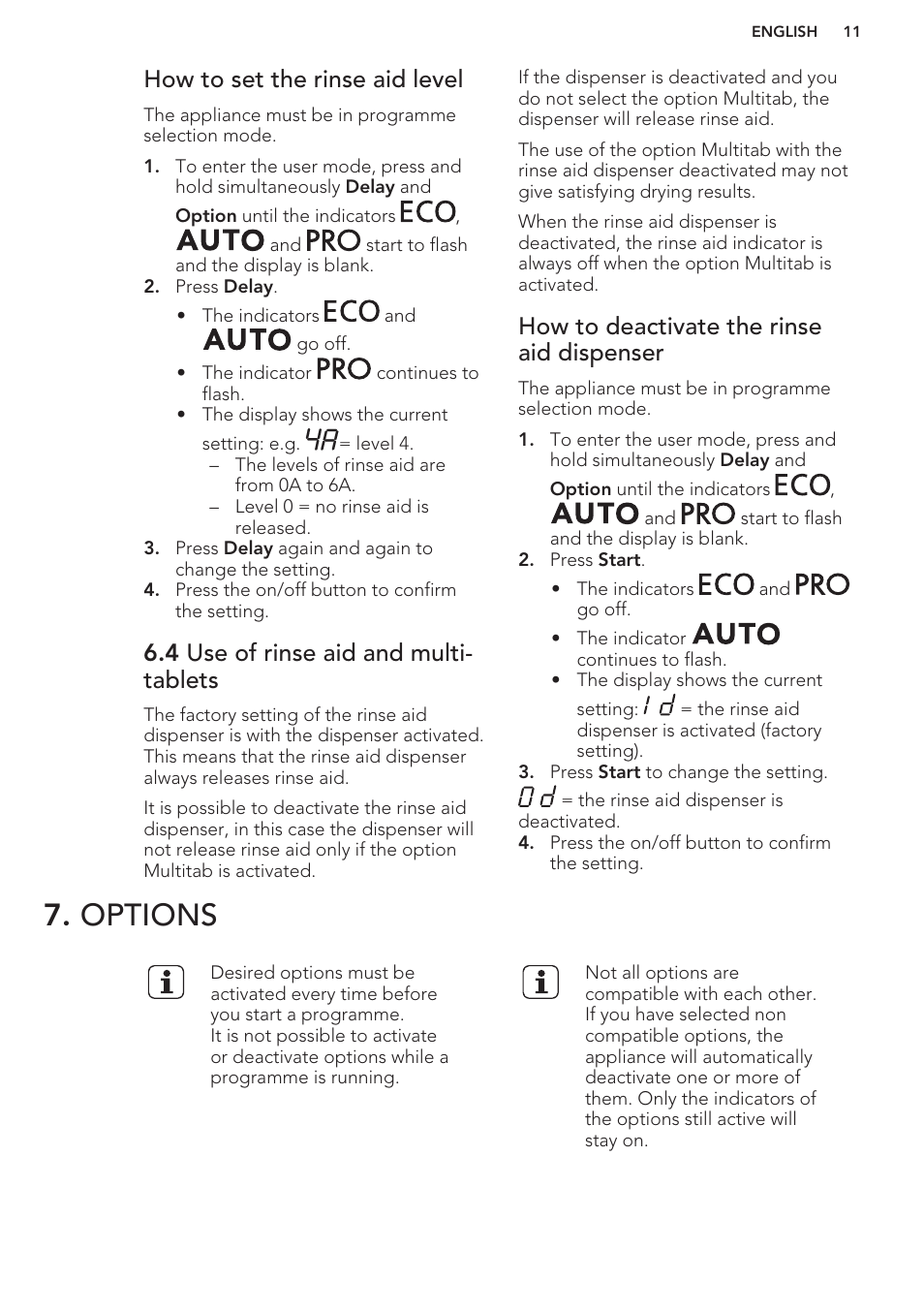 How to set the rinse aid level, 4 use of rinse aid and multi-tablets, How to deactivate the rinse aid dispenser | Options, 4 use of rinse aid and multi- tablets | AEG F88070VI1P User Manual | Page 11 / 64
