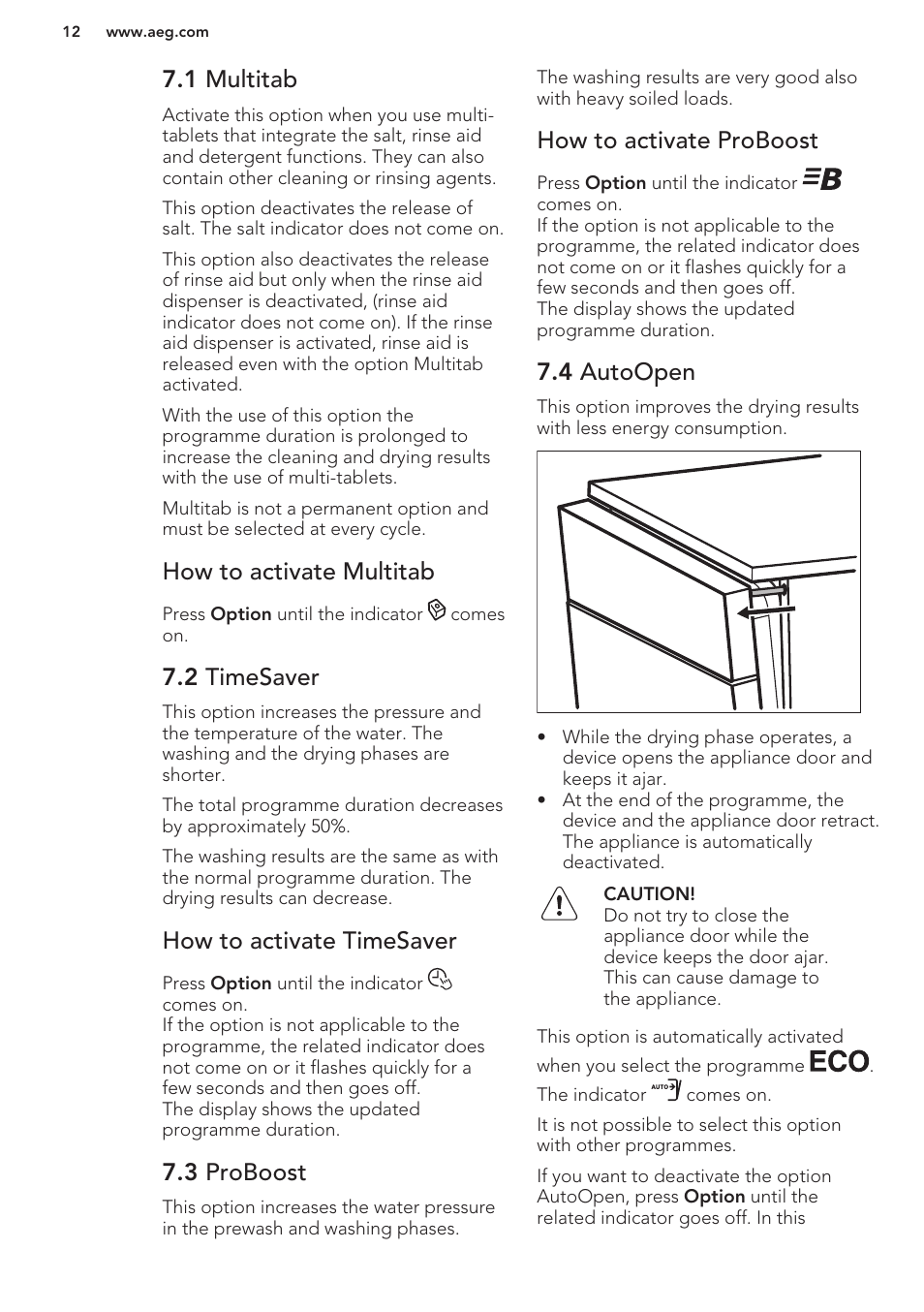1 multitab, How to activate multitab, 2 timesaver | How to activate timesaver, 3 proboost, How to activate proboost, 4 autoopen | AEG F88070VI1P User Manual | Page 12 / 64