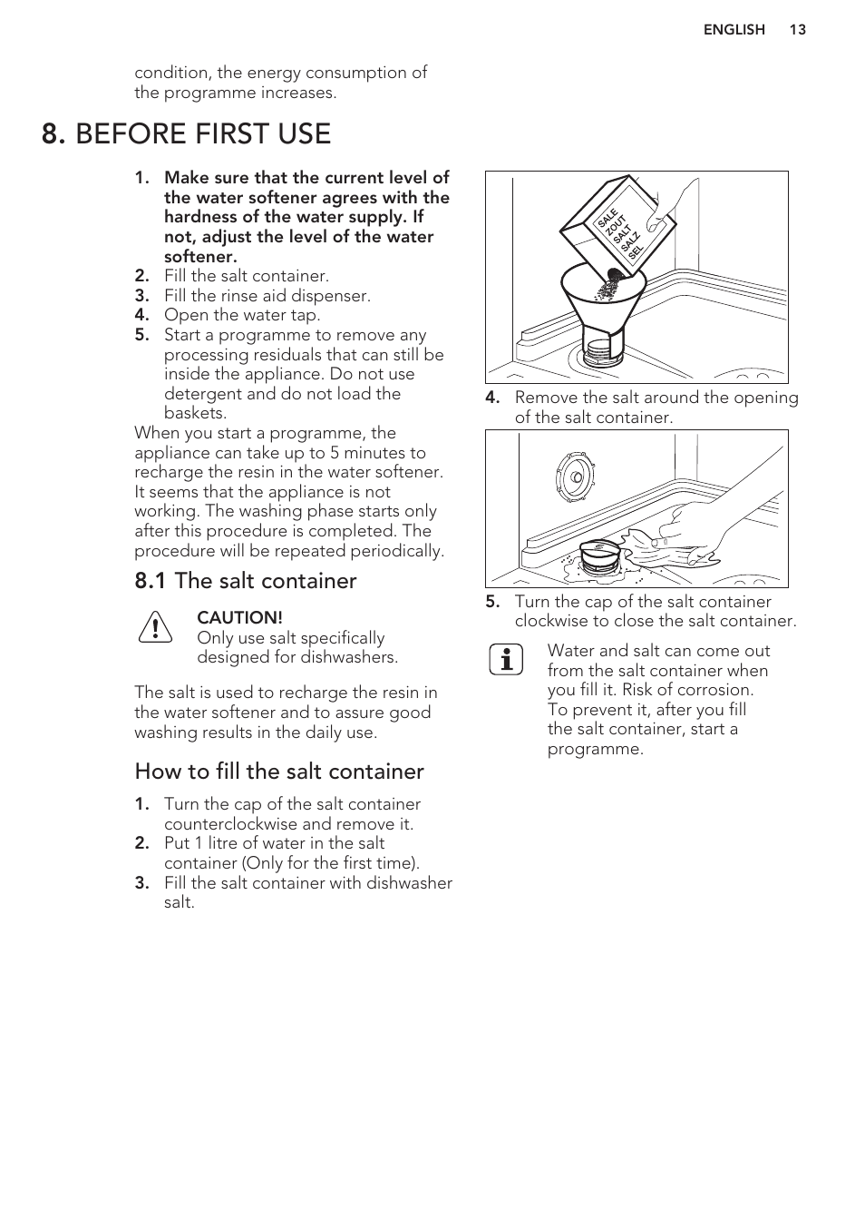 Before first use, 1 the salt container, How to fill the salt container | AEG F88070VI1P User Manual | Page 13 / 64