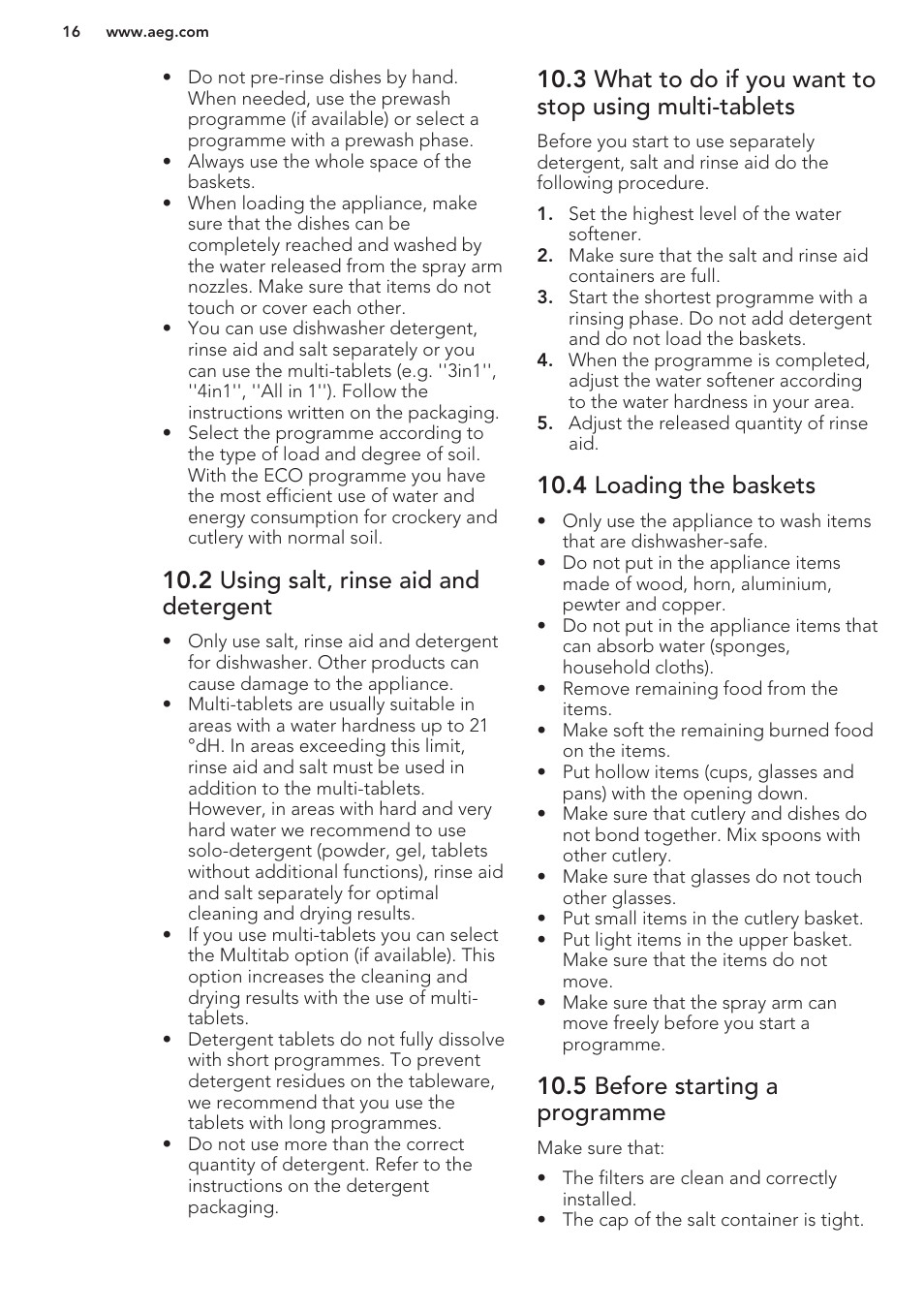 2 using salt, rinse aid and detergent, 4 loading the baskets, 5 before starting a programme | AEG F88070VI1P User Manual | Page 16 / 64