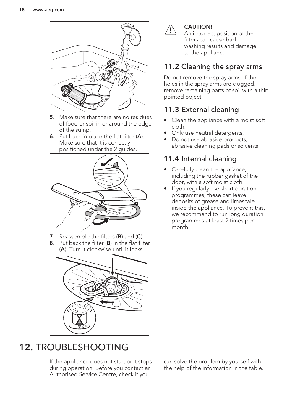 2 cleaning the spray arms, 3 external cleaning, 4 internal cleaning | Troubleshooting | AEG F88070VI1P User Manual | Page 18 / 64