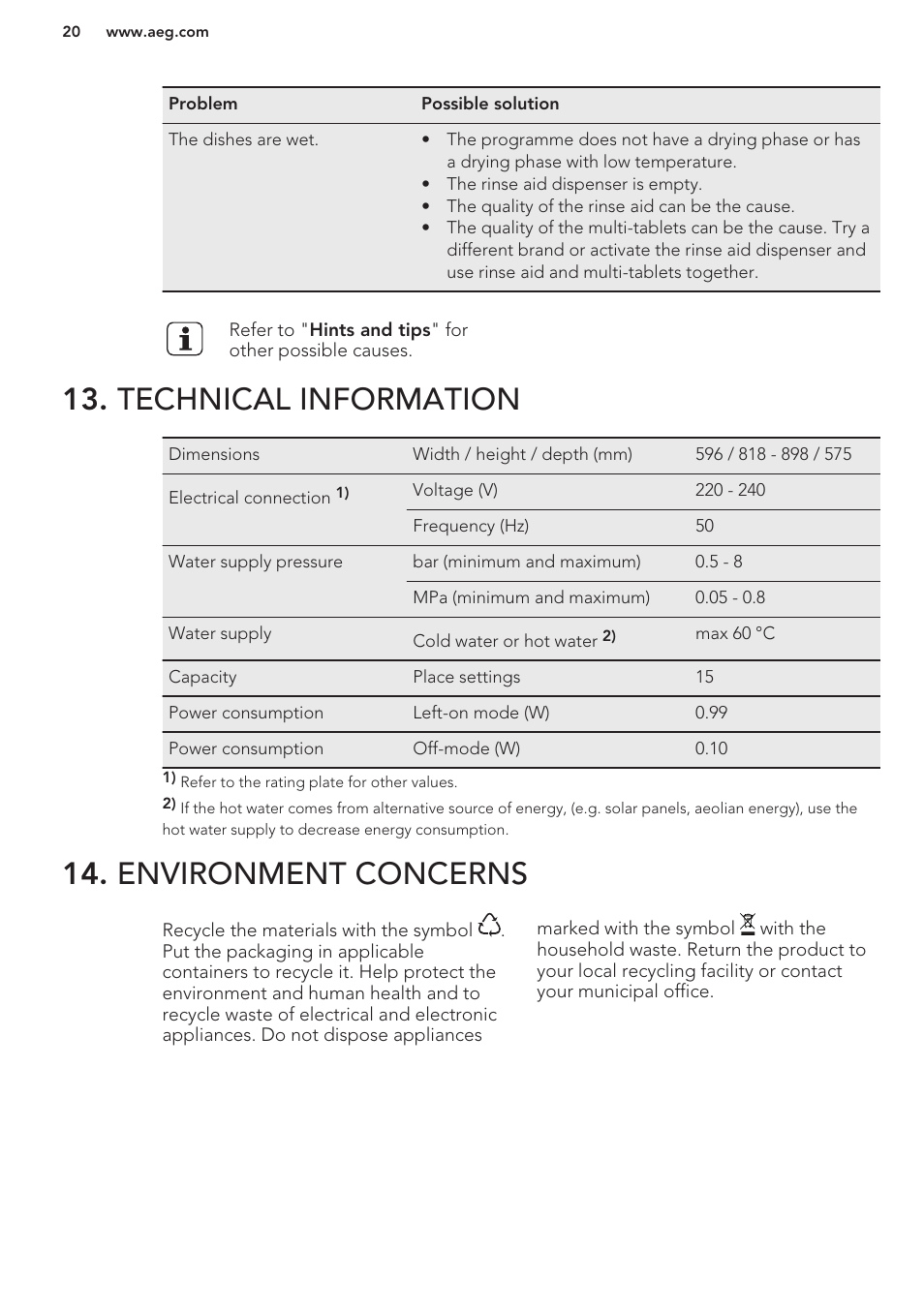 Technical information, Environment concerns | AEG F88070VI1P User Manual | Page 20 / 64