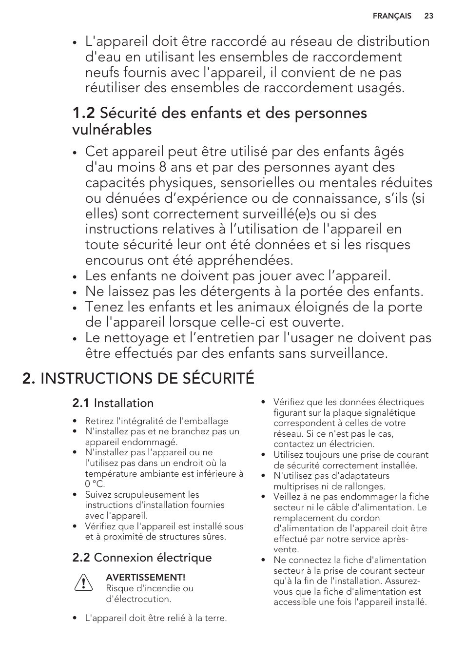 Instructions de sécurité, 1 installation, 2 connexion électrique | Les enfants ne doivent pas jouer avec l’appareil | AEG F88070VI1P User Manual | Page 23 / 64