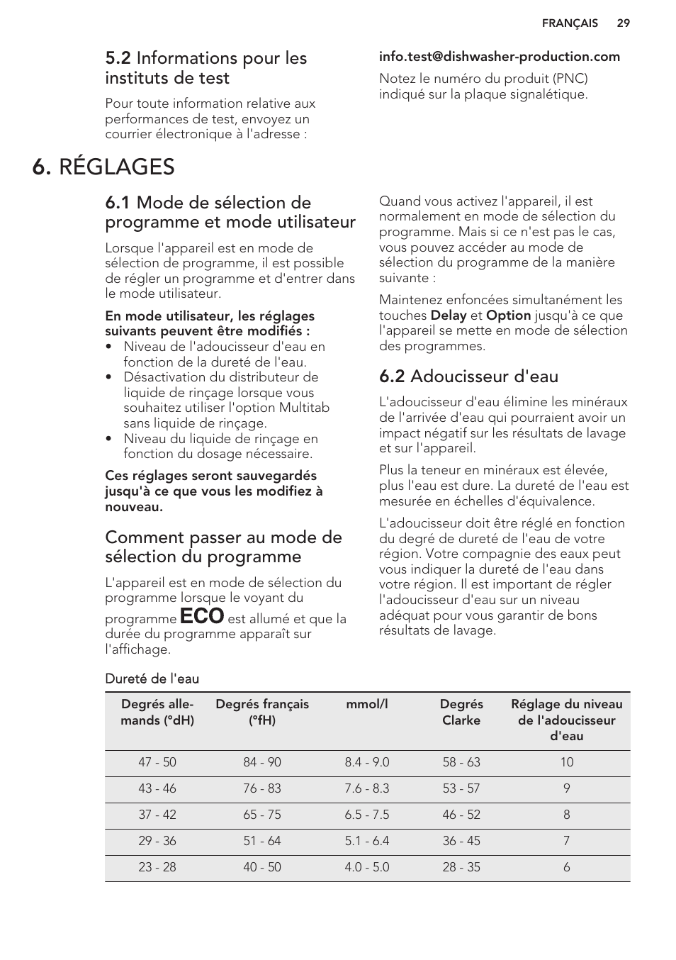 2 informations pour les instituts de test, Réglages, Comment passer au mode de sélection du programme | 2 adoucisseur d'eau | AEG F88070VI1P User Manual | Page 29 / 64