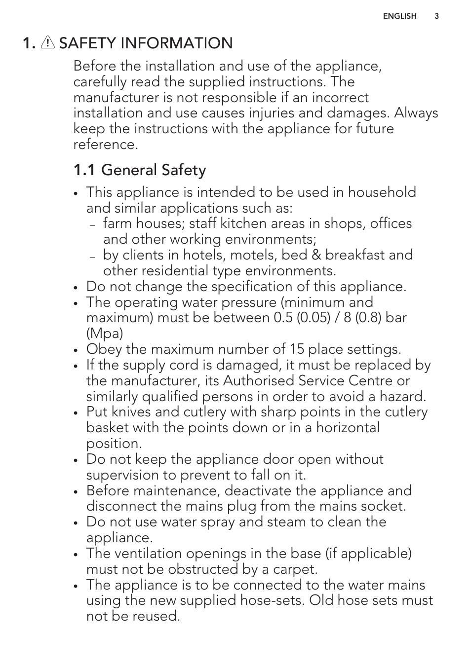 Safety information, 1 general safety | AEG F88070VI1P User Manual | Page 3 / 64